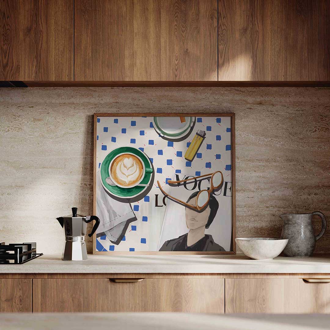 Koffie en tijdschrift – culinaire wandkunst als vierkante poster