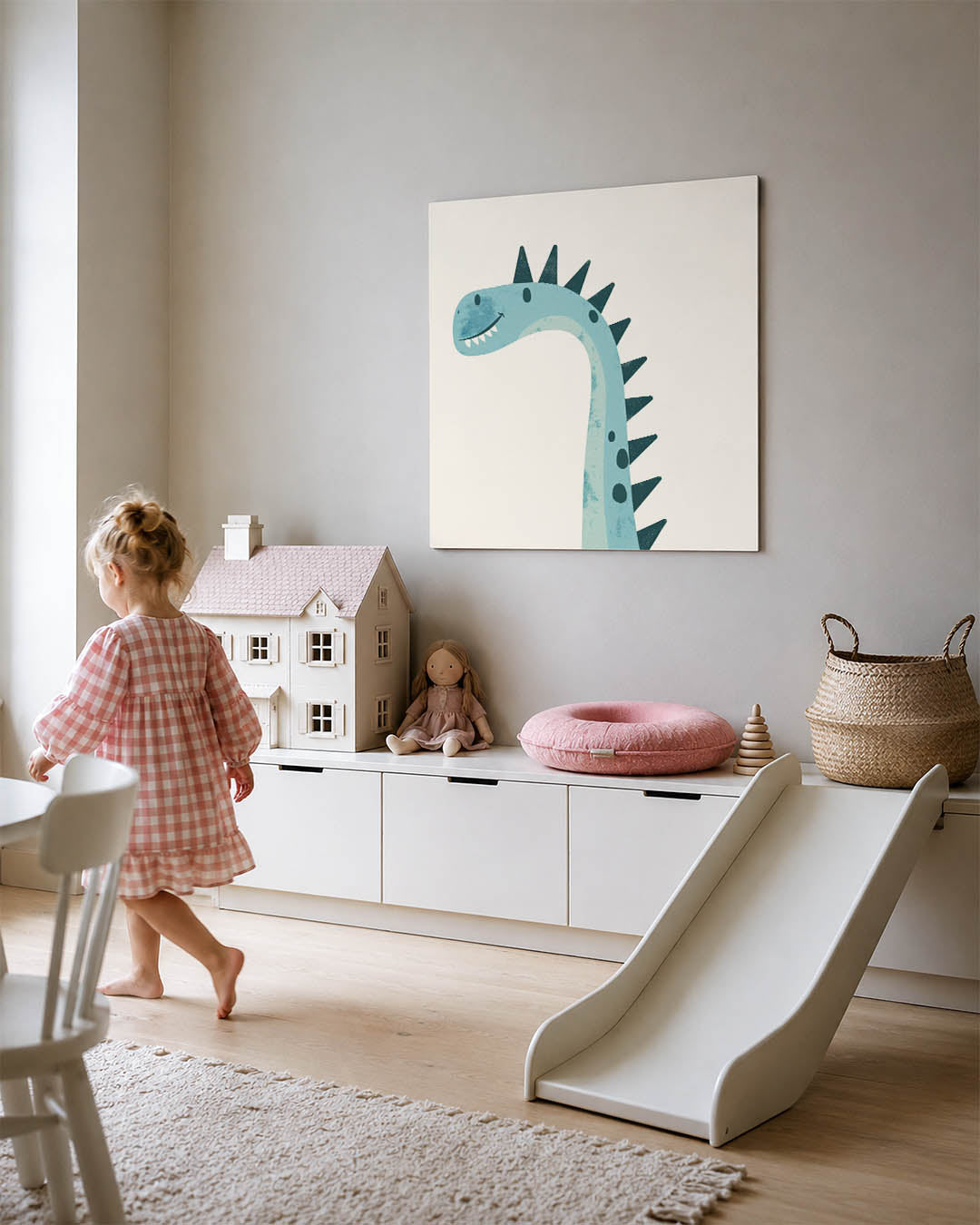 Vrolijke dino illustratie kunstwerk – tweede productweergave – dit kunstwerk toont een speelse dinosaurus met een glimlach