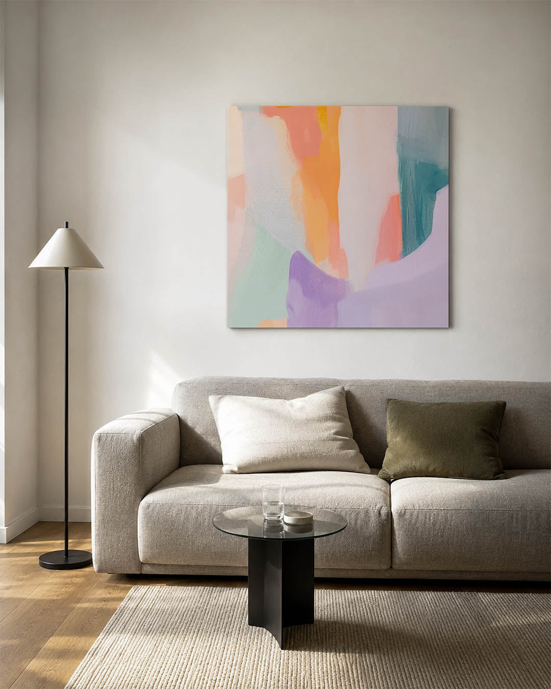Kleurrijke vormen kunstwerk – vierkante wanddecoratie – dit werk toont een dynamische compositie van vloeiende vormen en