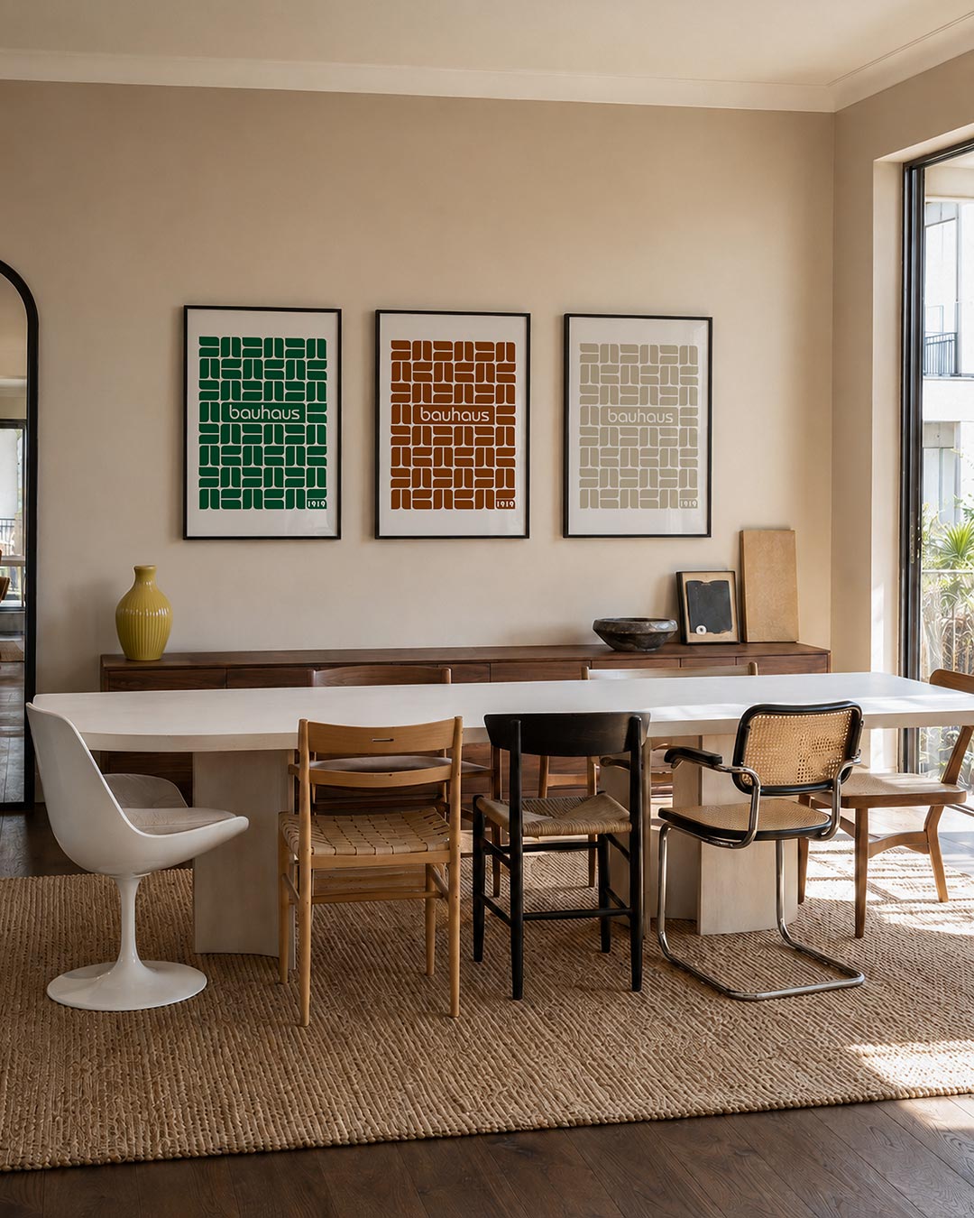 Patroon en ritme driedelige posterset – deze posterset in drie delen toont een herhalend patroon van donkergroene vormen op