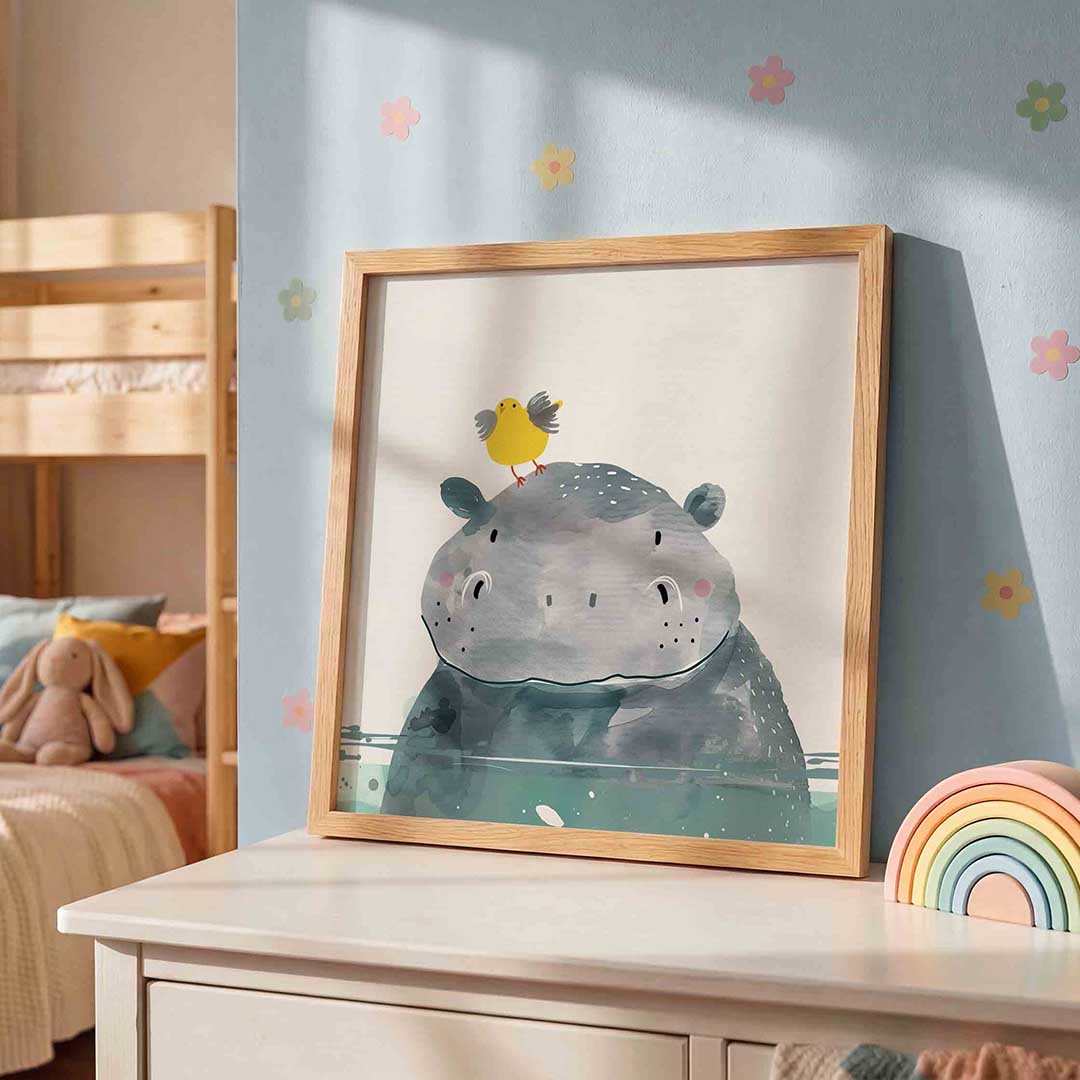 Nijlpaard met vogel – speelse wandkunst als vierkante kinderposter