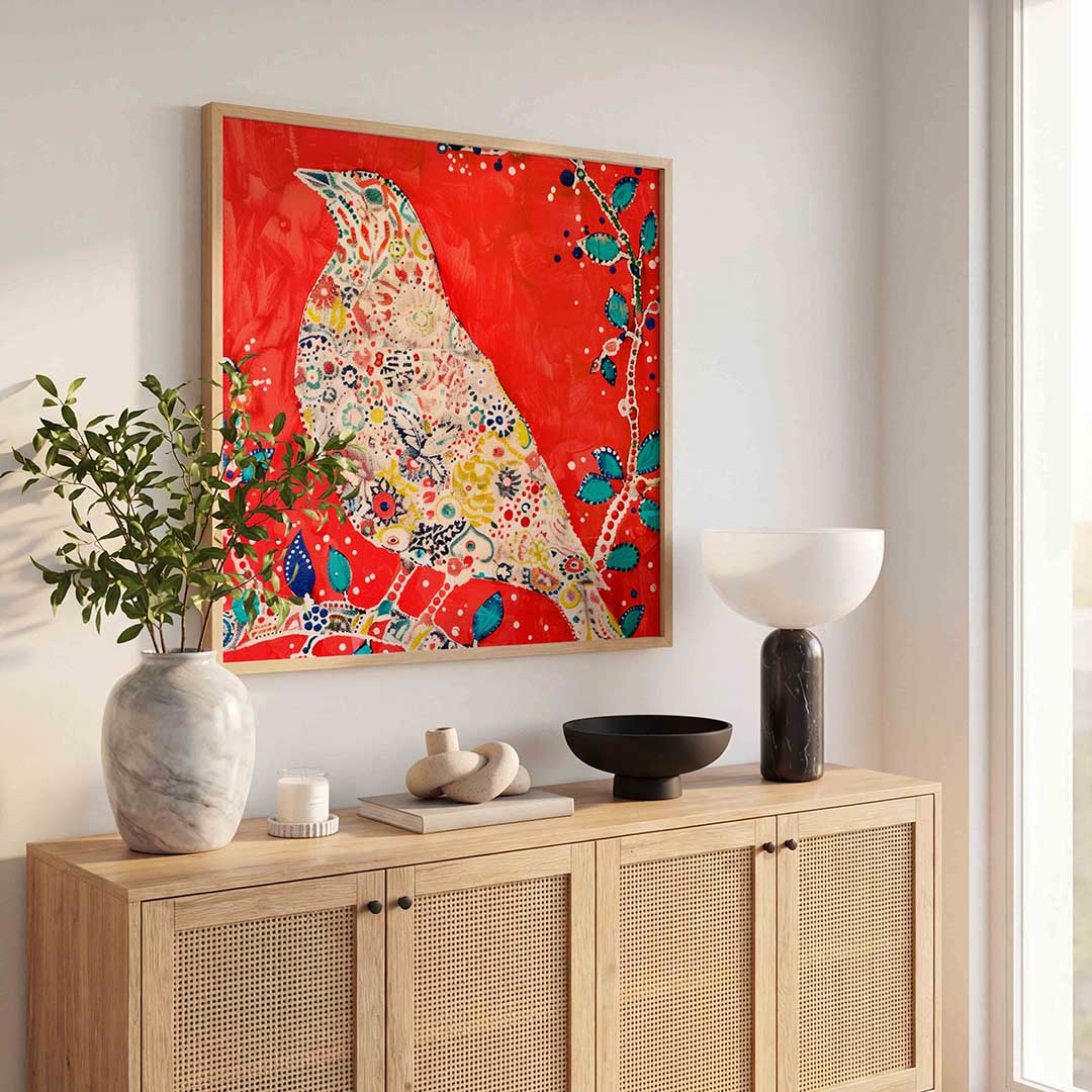 Vogel en bladeren – illustratie poster in vierkant formaat