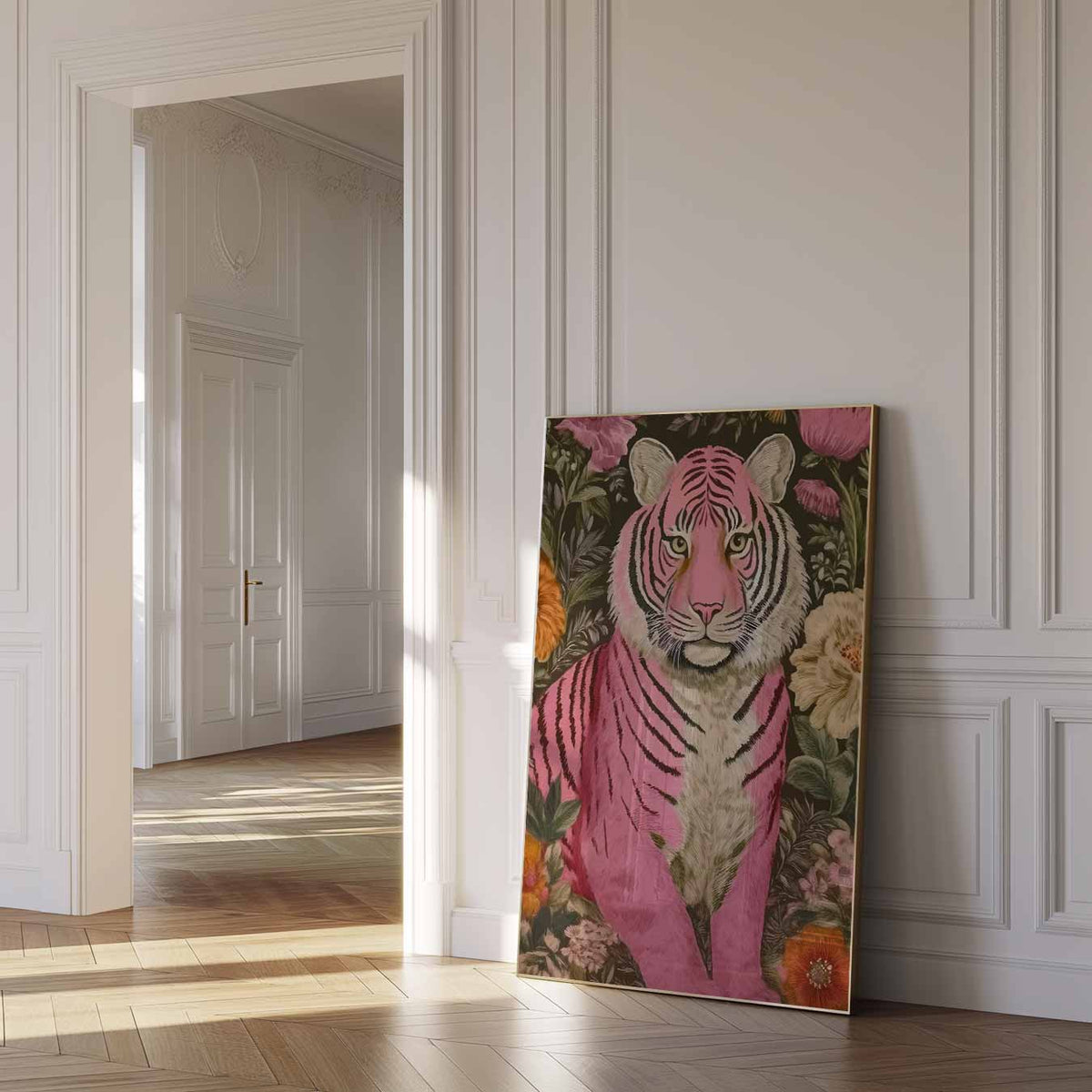 Roze Tijger en Bloemen – dierenposter als moderne staande wanddecoratie