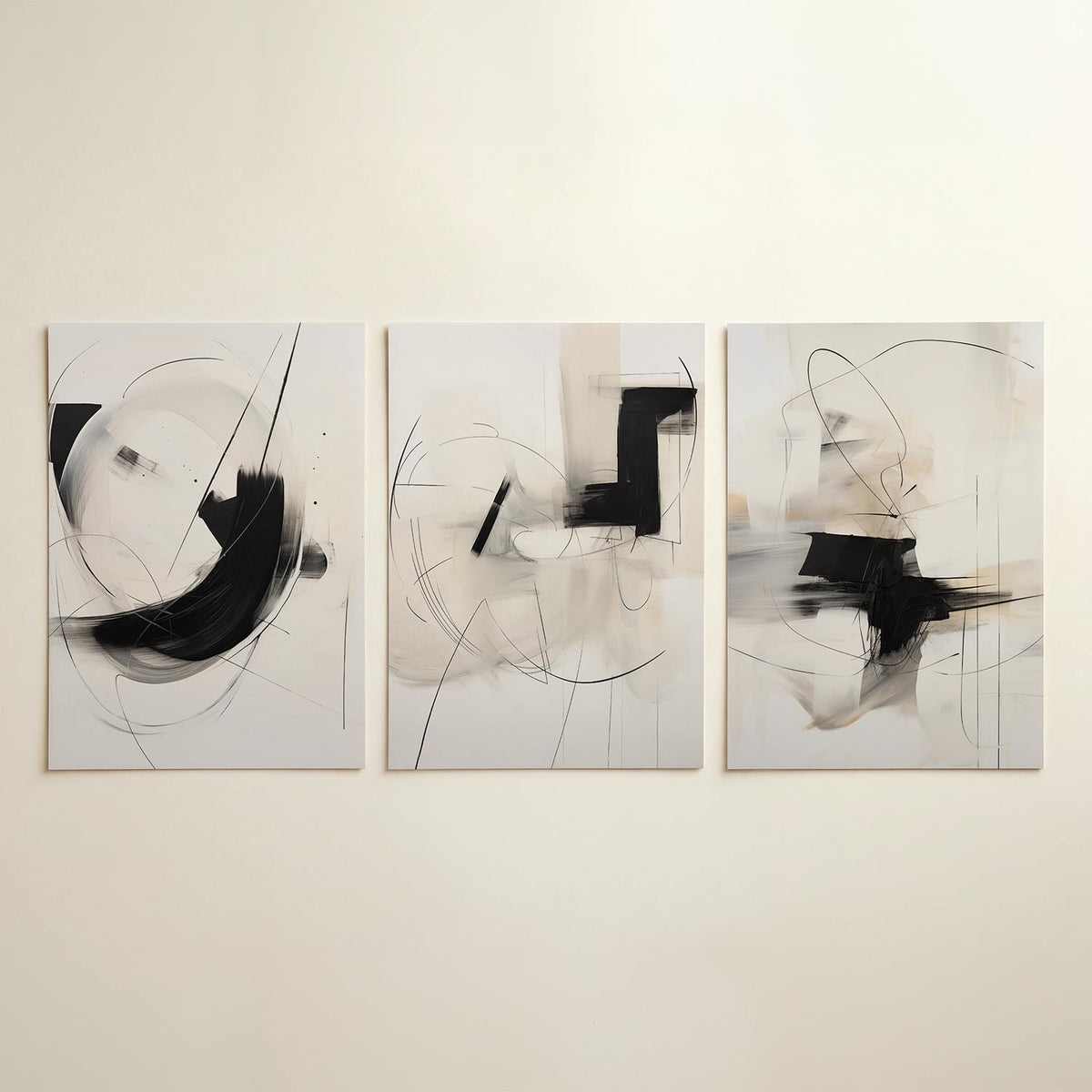 Dynamisch lijnenspel – driedelige posterset in interieur