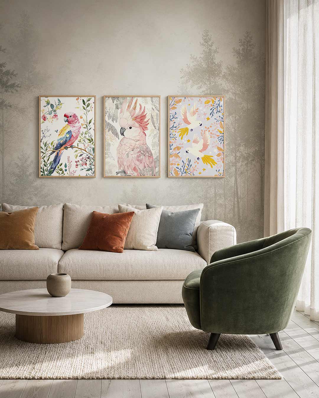 Vogel en bloemen driedelige posterset – een kleurrijke vogel zit op een tak, omringd door delicate