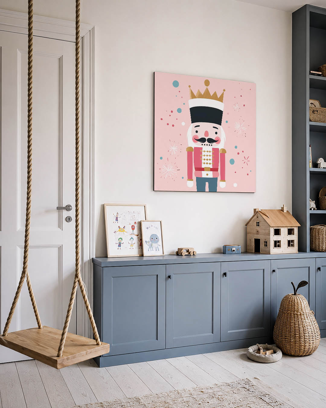 Illustratie van een notenkraker kunstwerk – vierkante wanddecoratie – dit werk toont een notenkraker met een gouden kroon en