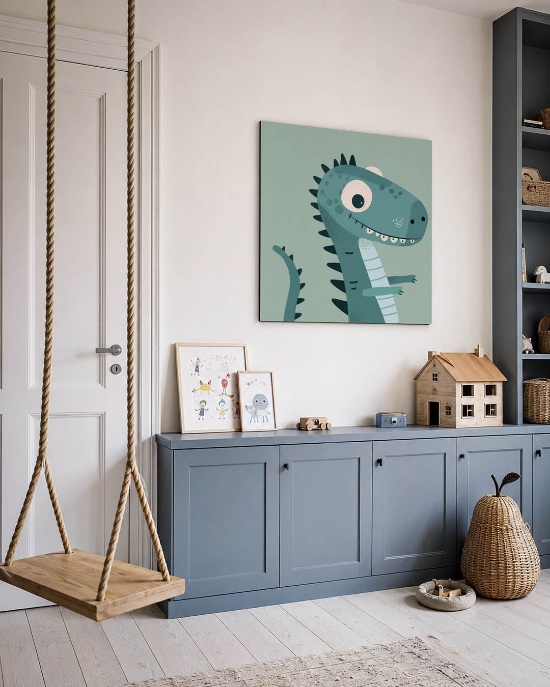 Speelse dinosaurus illustratie kunstwerk – vierkante wanddecoratie – dit kunstwerk toont een speelse dinosaurus met grote