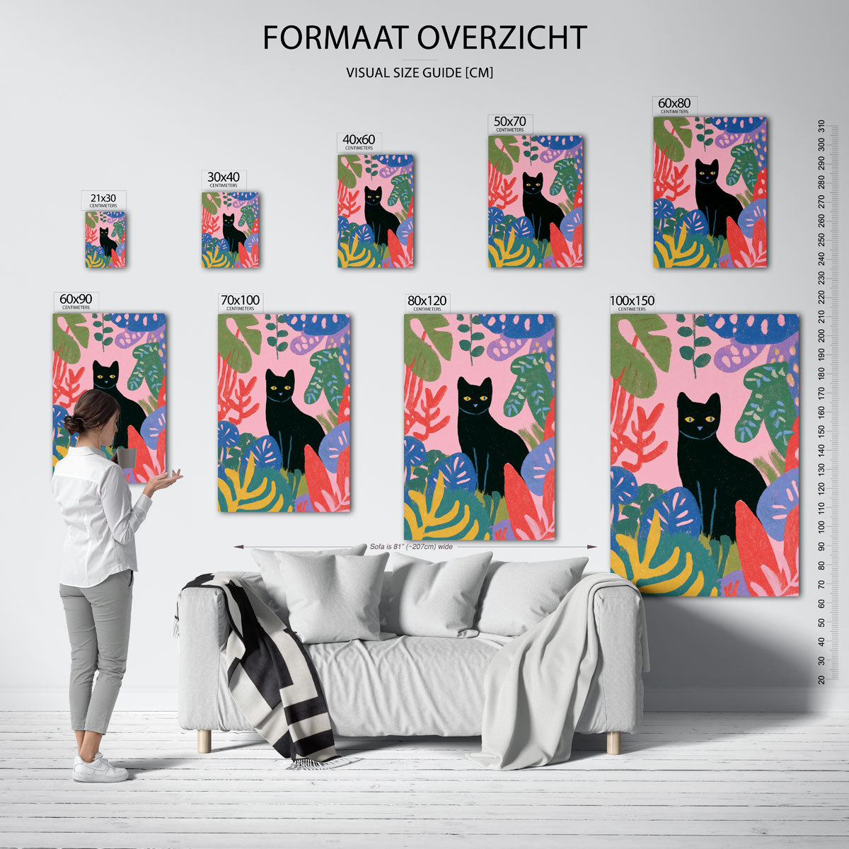 Zwarte kat en bladeren – staande muurposter met botanisch thema