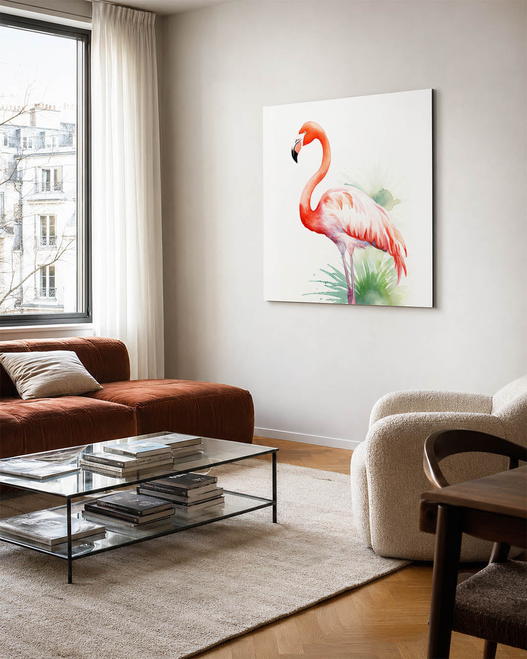 Flamingo in waterverf kunstwerk – vierkante wanddecoratie – dit kunstwerk toont een sierlijke flamingo in levendige tinten