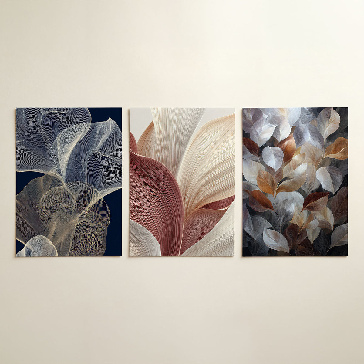 Lijnenspel en beweging driedelige posterset in tweede interieur