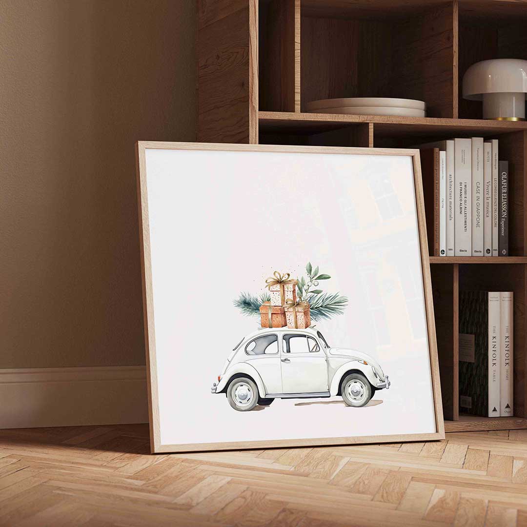 Auto met cadeaus – vierkante kerst wanddecoratie van WallArtistic