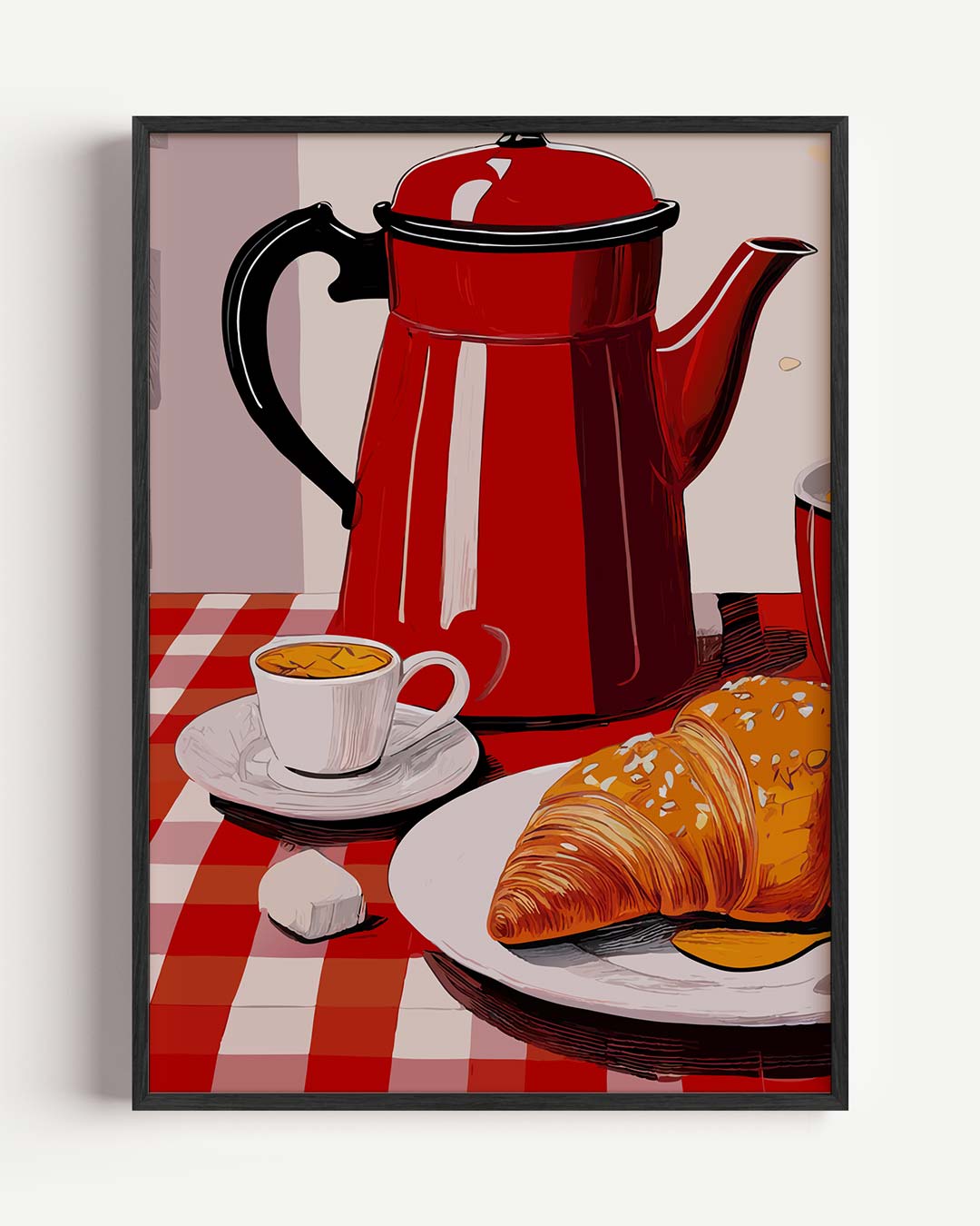 Vintage Koffie en Croissant – keuken portret poster als wanddecoratie