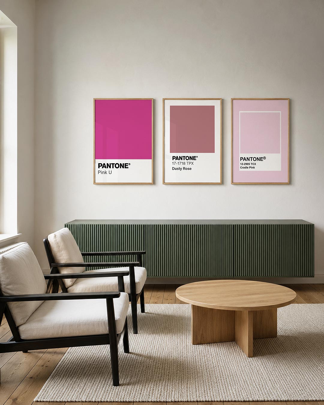 Roze kleurvlak posterset – derde productweergave – een levendig roze vlak boven een wit vlak met tekst