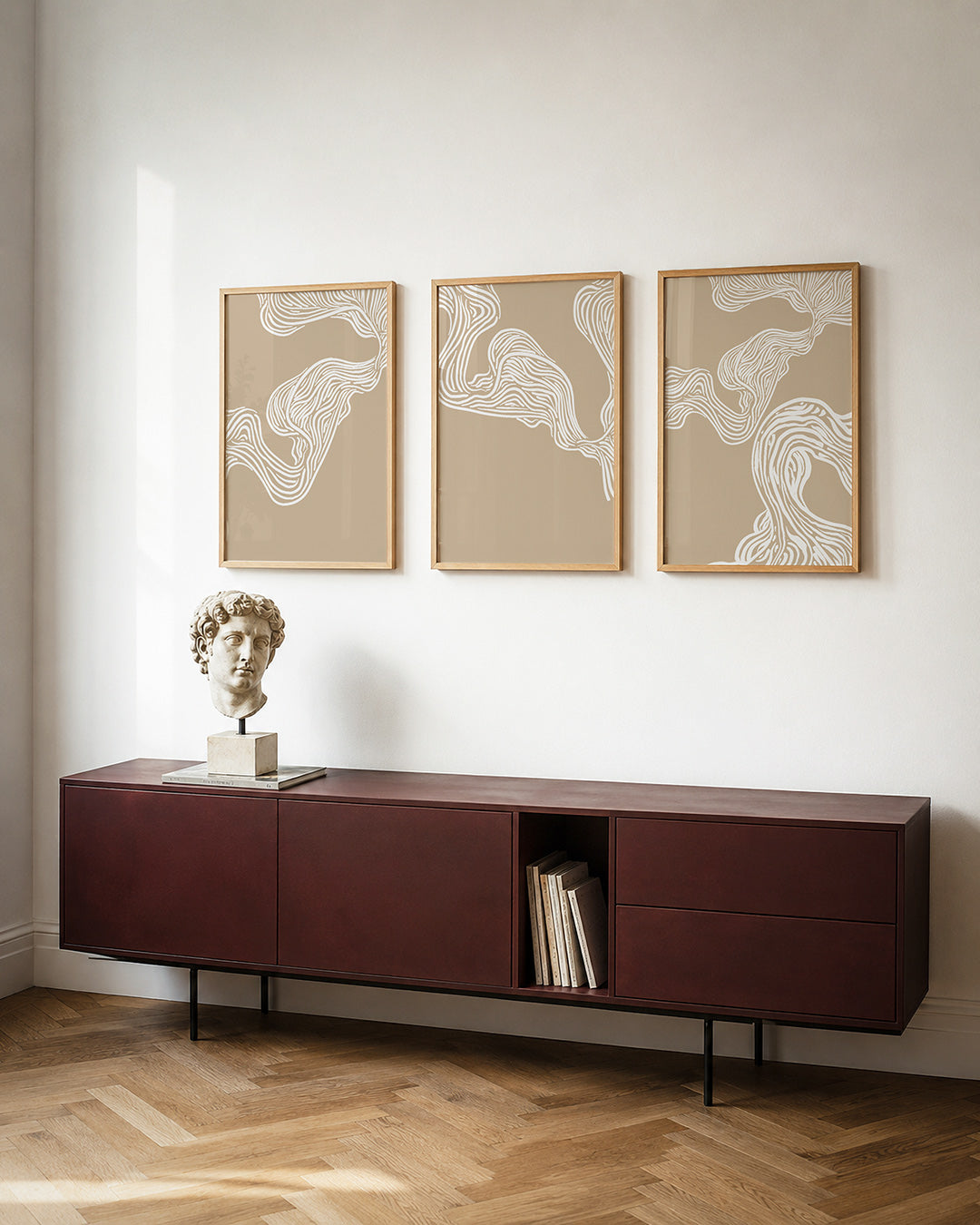 Golvende lijnen – deze posterset toont vloeiende witte lijnen op een beige achtergrond – weergave 4