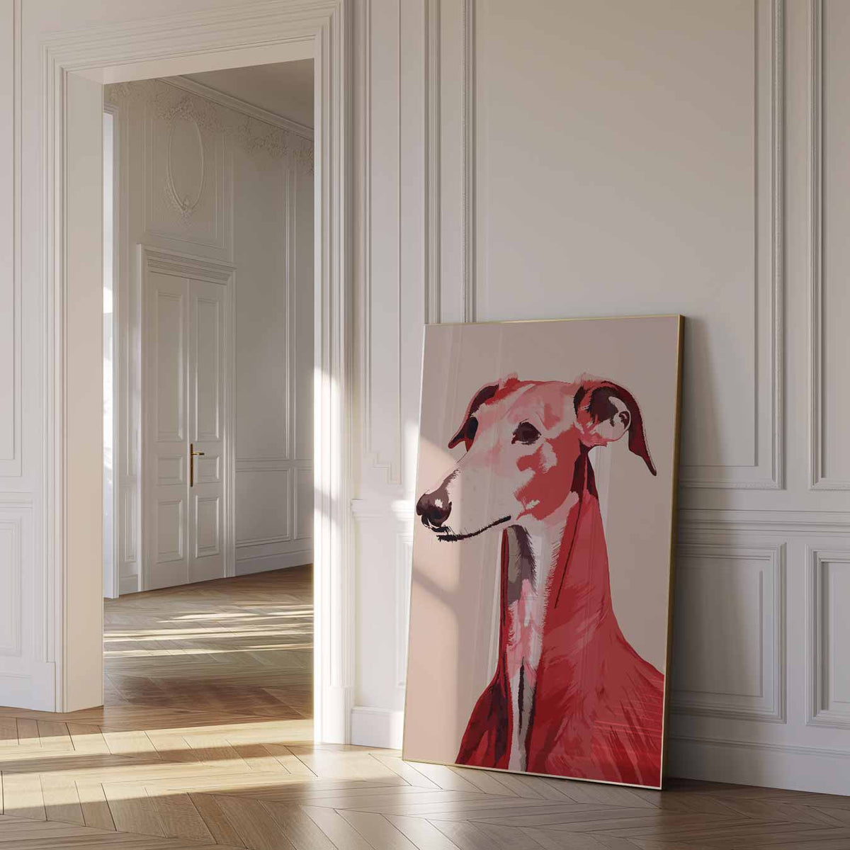 Stijlvolle Greyhound – dierenposter als moderne staande wanddecoratie