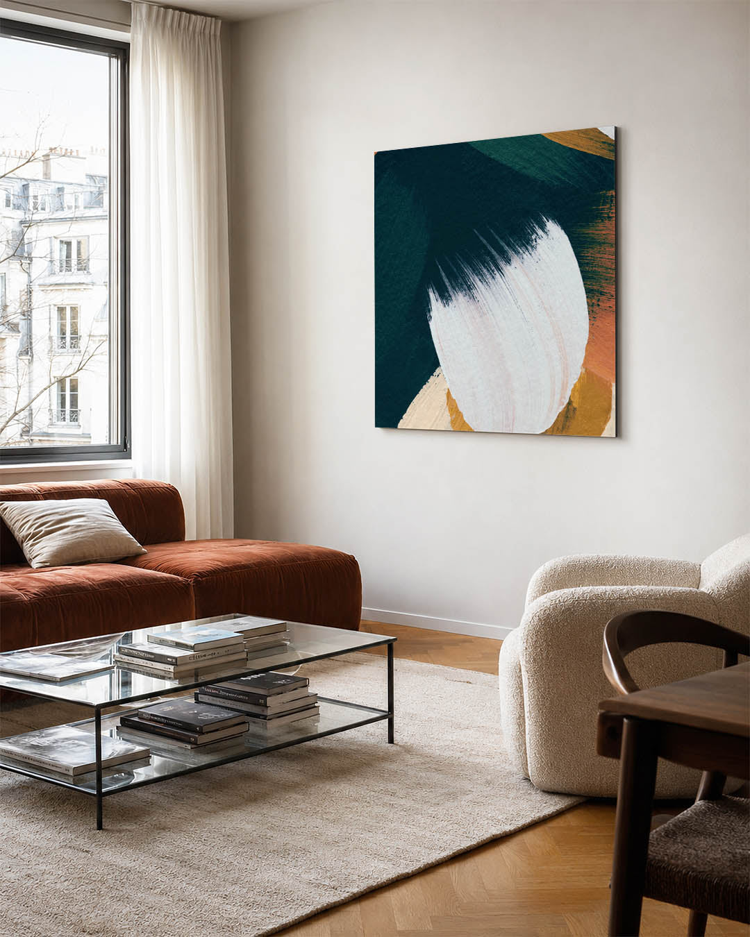 Dynamische kleurencompositie kunstwerk – vierkante wanddecoratie – dit werk toont vloeiende penseelstreken in een harmonie