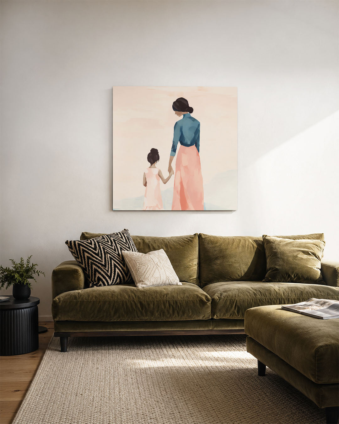 Moeder en kind kunstwerk – derde productweergave – dit kunstwerk toont een vrouw en een kind hand in hand, met zachte kleuren