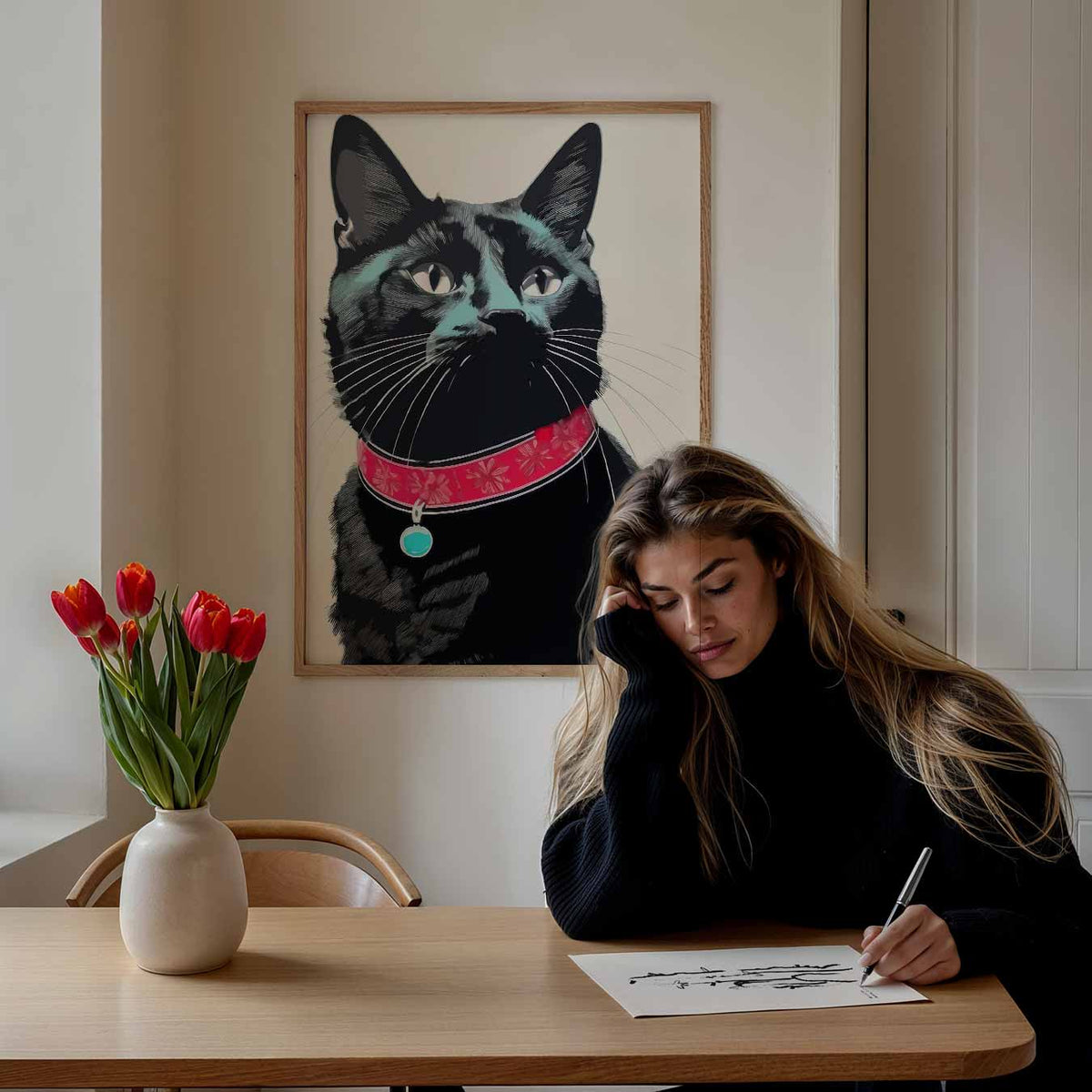 Stijlvolle Kattenposter met Rode Halsband – staande dieren wanddecoratie van WallArtistic