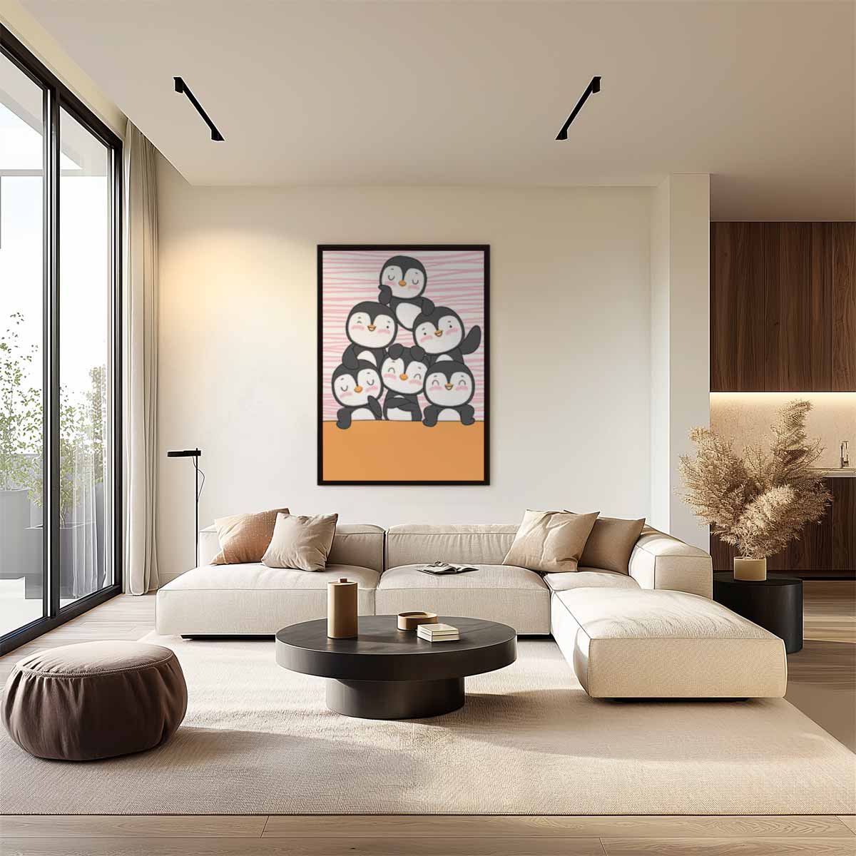 Vrolijke Pinguïn Vriendjes – kunstwerk met zwarte baklijst