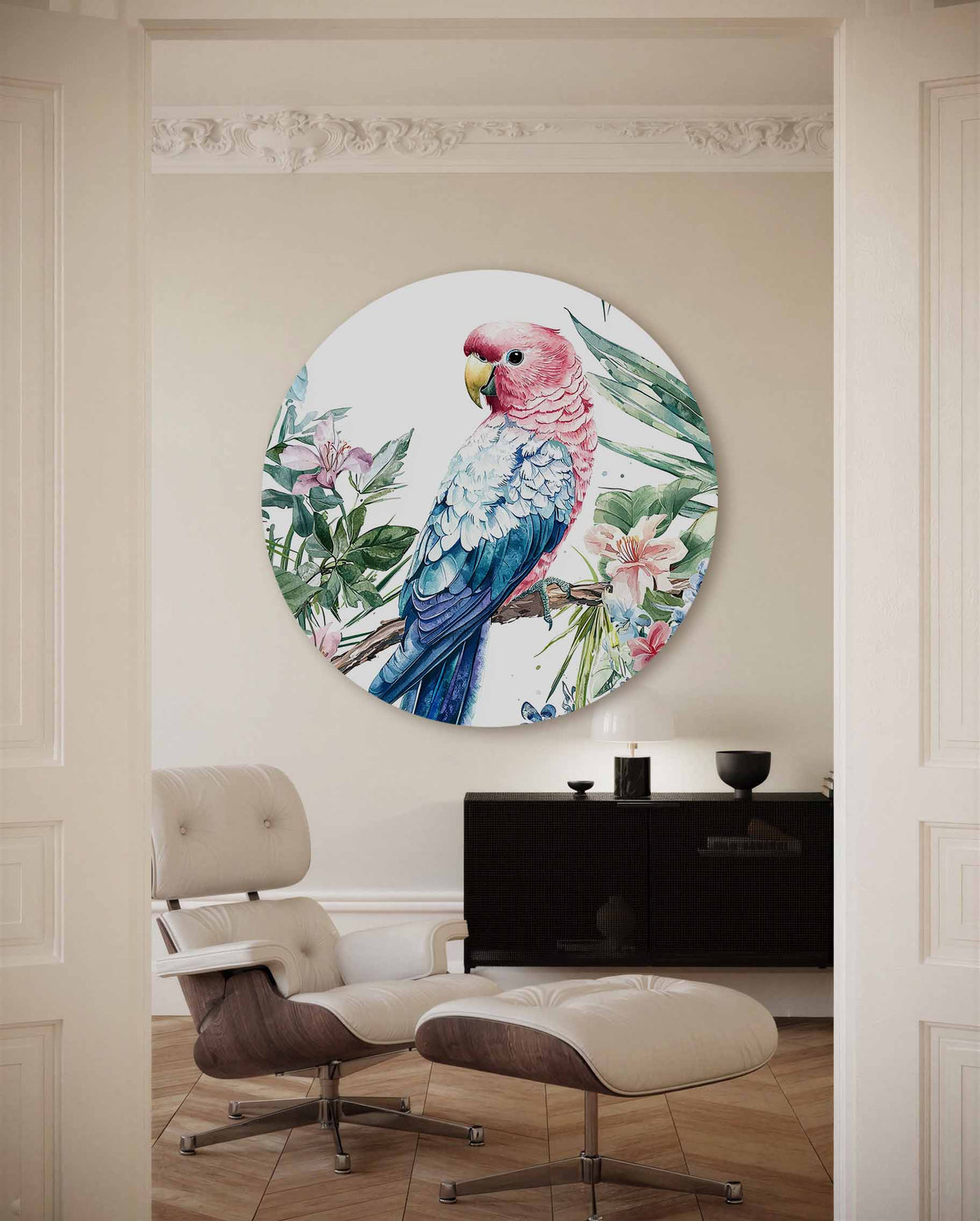Papegaai en bloemen – illustratie muurcirkel als ronde muurdecoratie