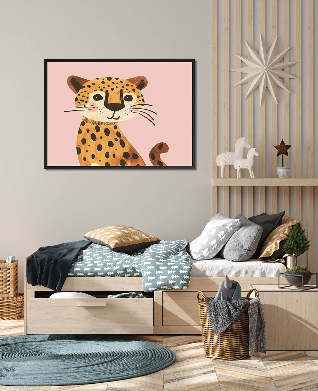 Vrolijke luipaard illustratie – Eenvoudige – wanddecoratie in interieur