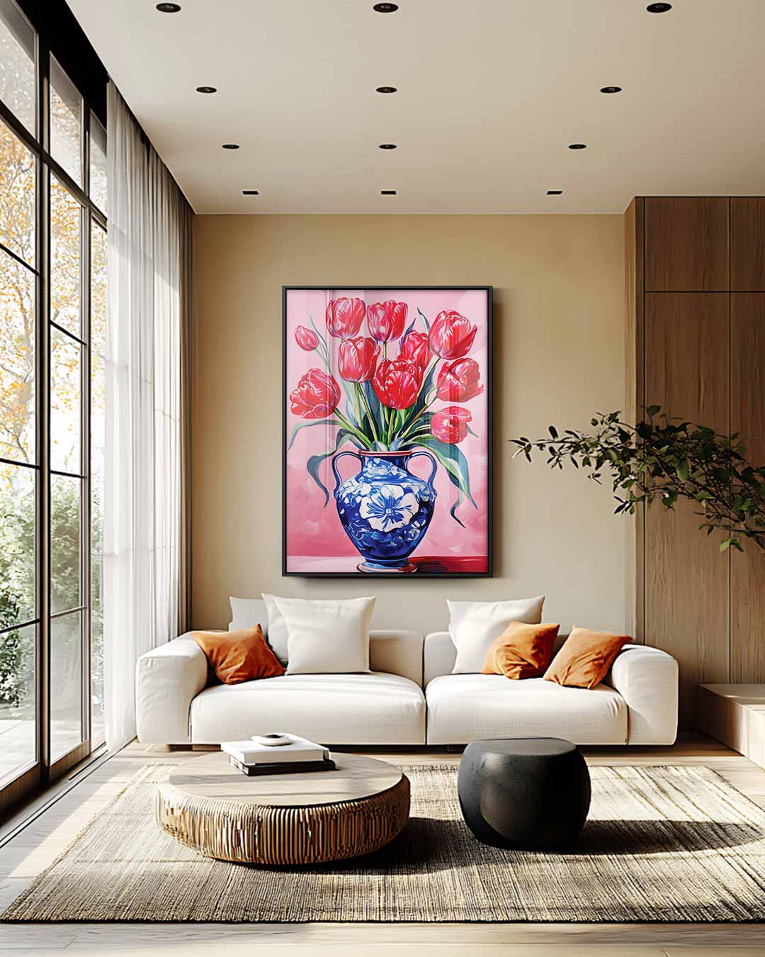 Rode tulpen in blauwe vaas – modern portret kunstwerk van WallArtistic