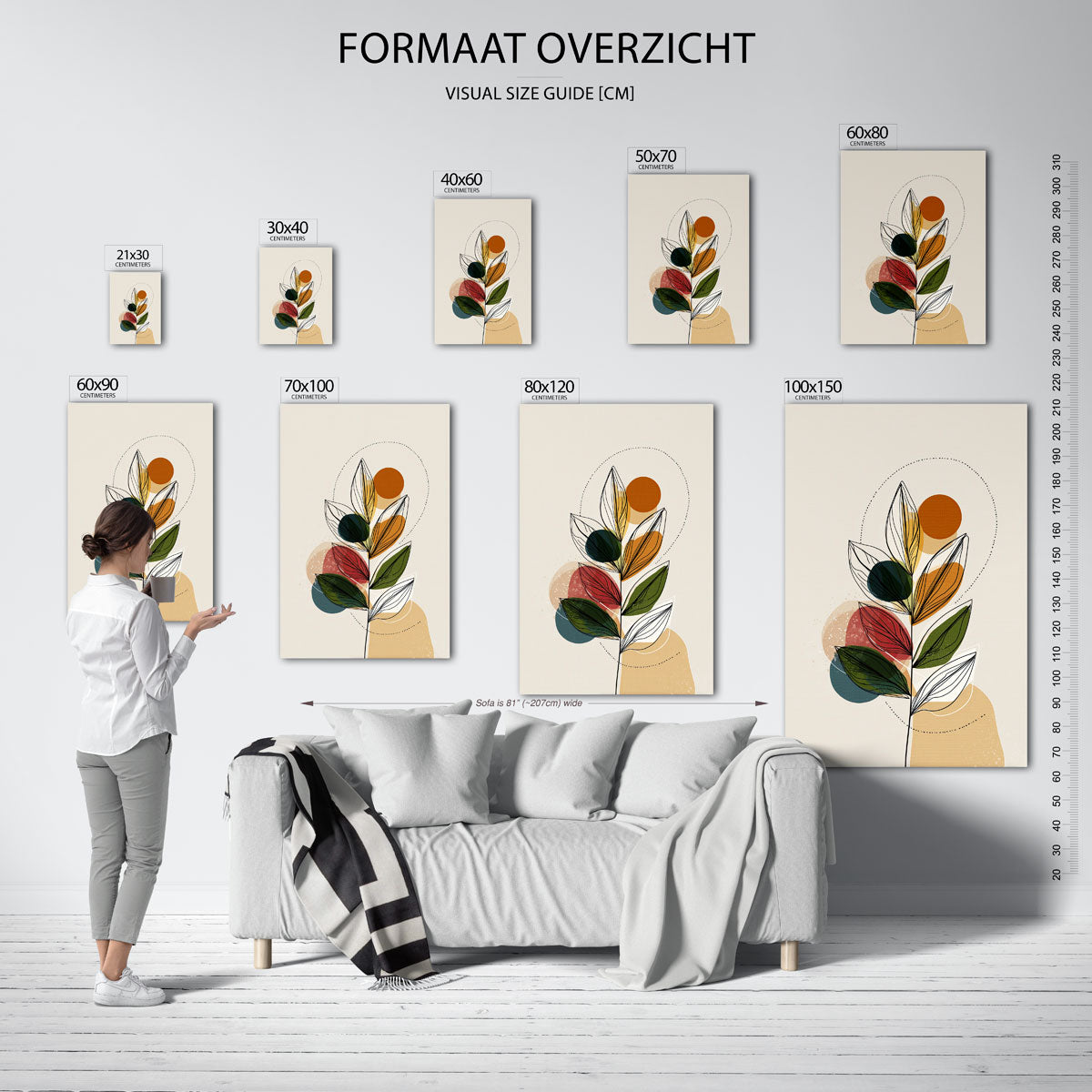 Bladeren en cirkels – staande muurposter met abstracte vormen
