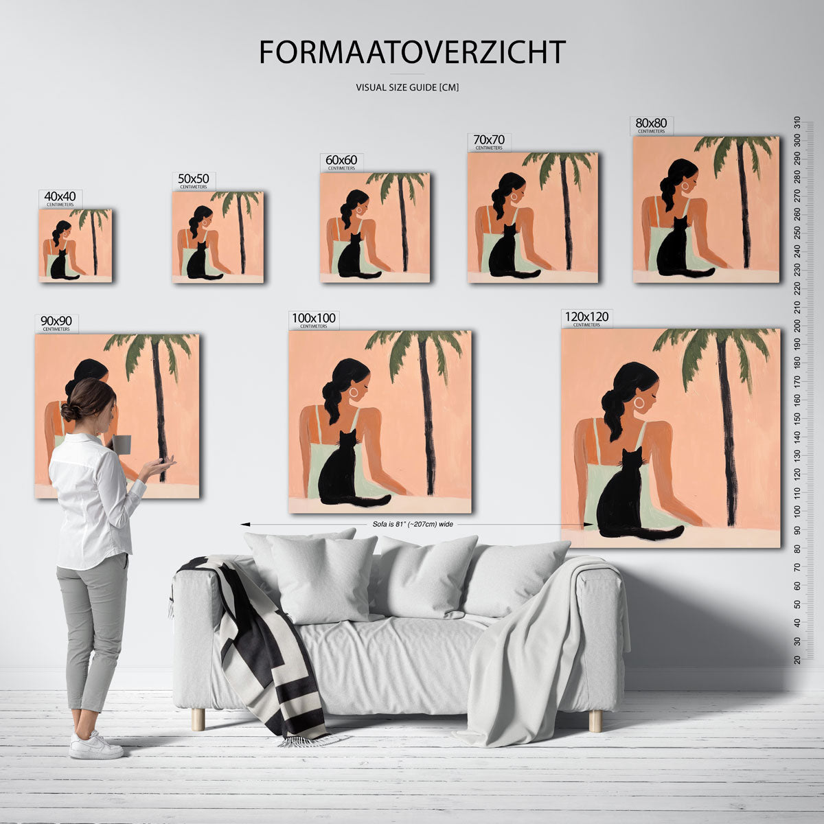 Vrouw met kat en palm – vierkante jungle wanddecoratie van WallArtistic