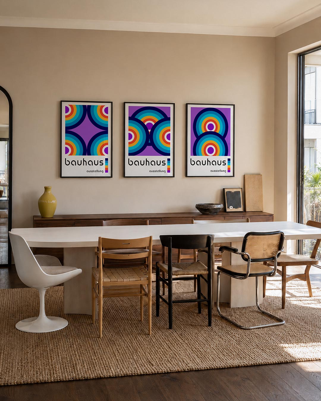 Kleurrijke cirkelpatronen driedelige posterset – deze posterset in drie delen toont levendige cirkelvormen in blauw, oranje
