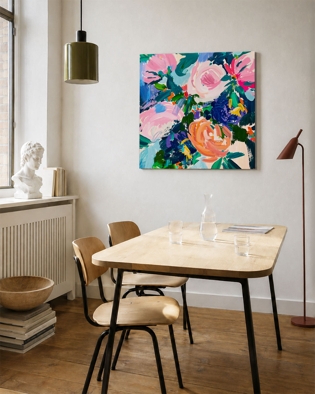 Kleurrijke bloemexplosie kunstwerk – vierkante wanddecoratie – dit werk toont een levendige compositie van kleurrijke