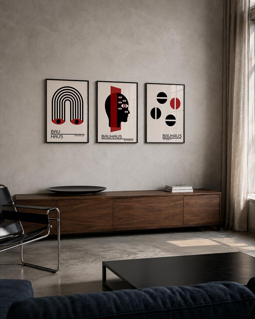 Lijnen en ogen posterset – tweede productweergave – deze posterset toont een boog van zwarte lijnen met twee rode ogen aan de