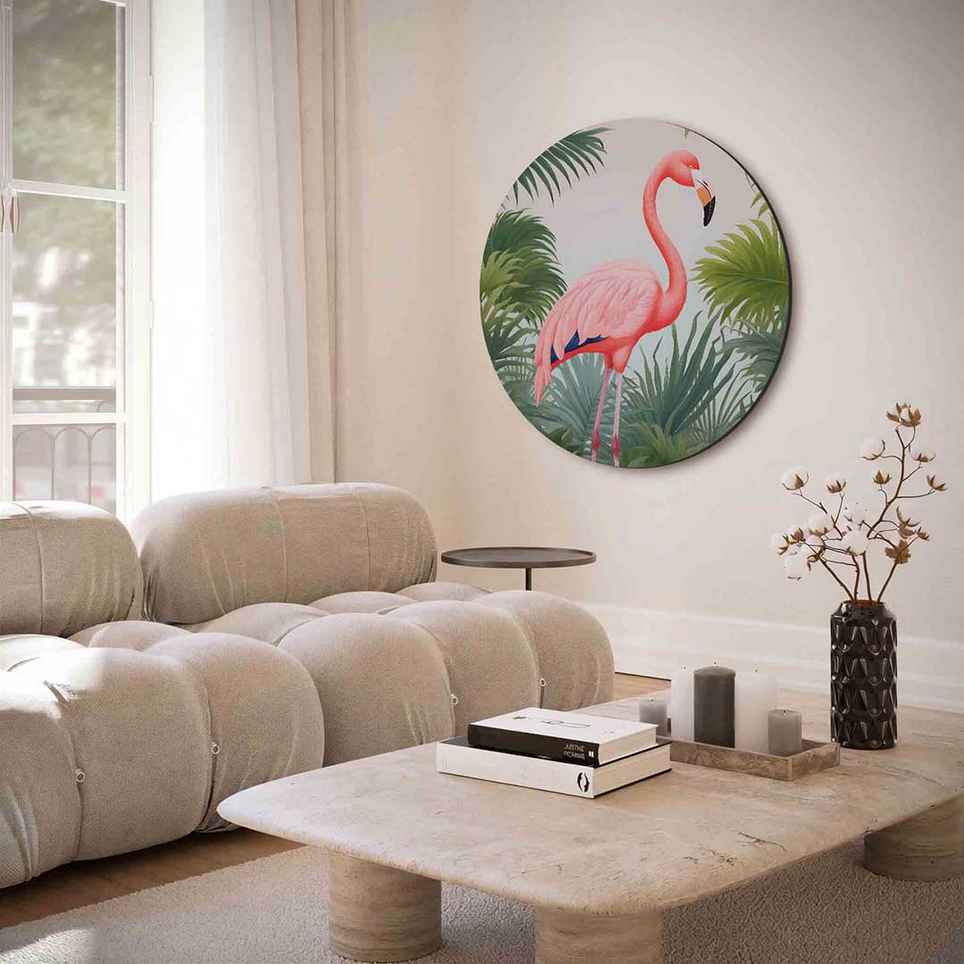 Flamingo en bladeren – portret muurcirkel als ronde muurdecoratie