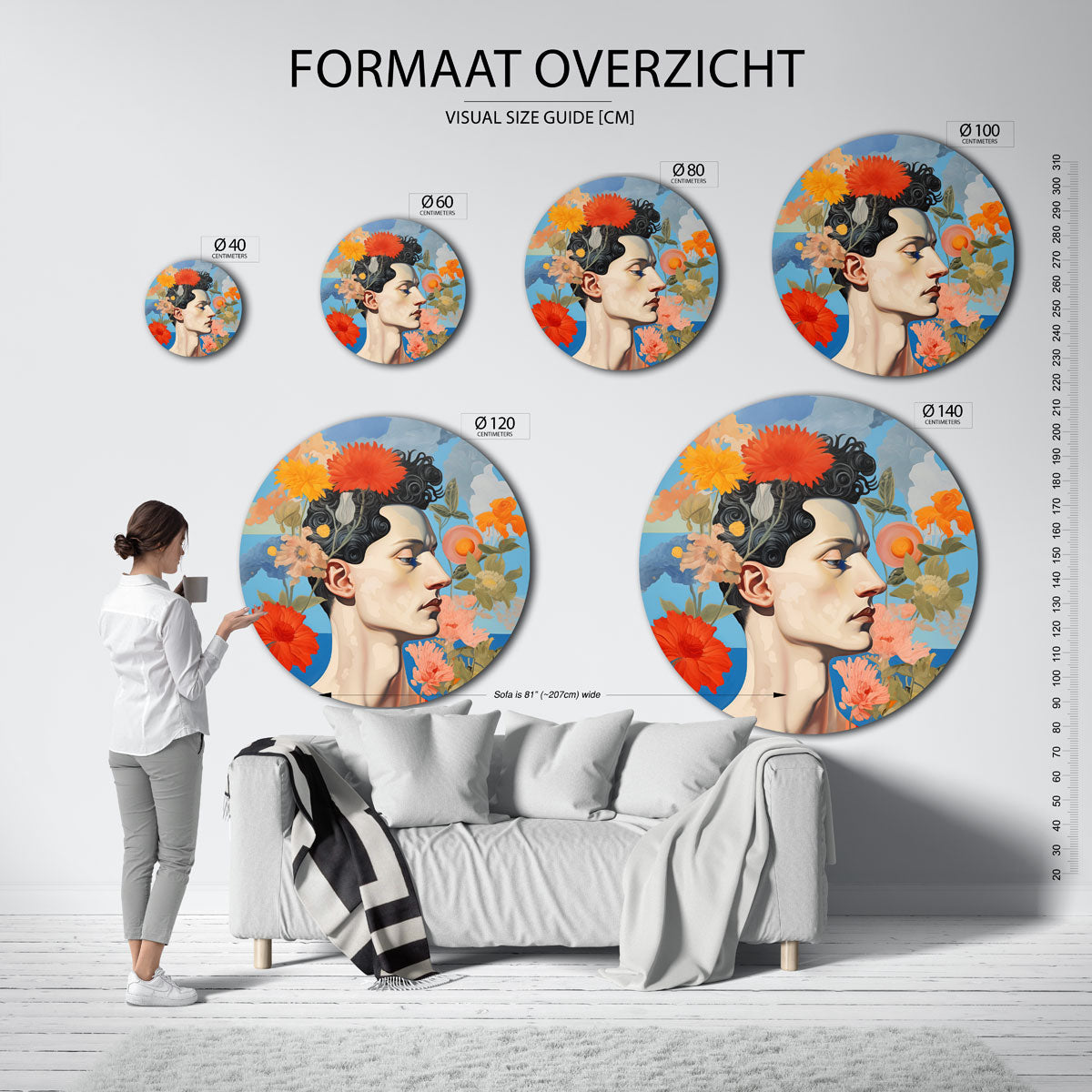 Portret met bloemen – abstracte wandkunst met textuur als muurcirkel