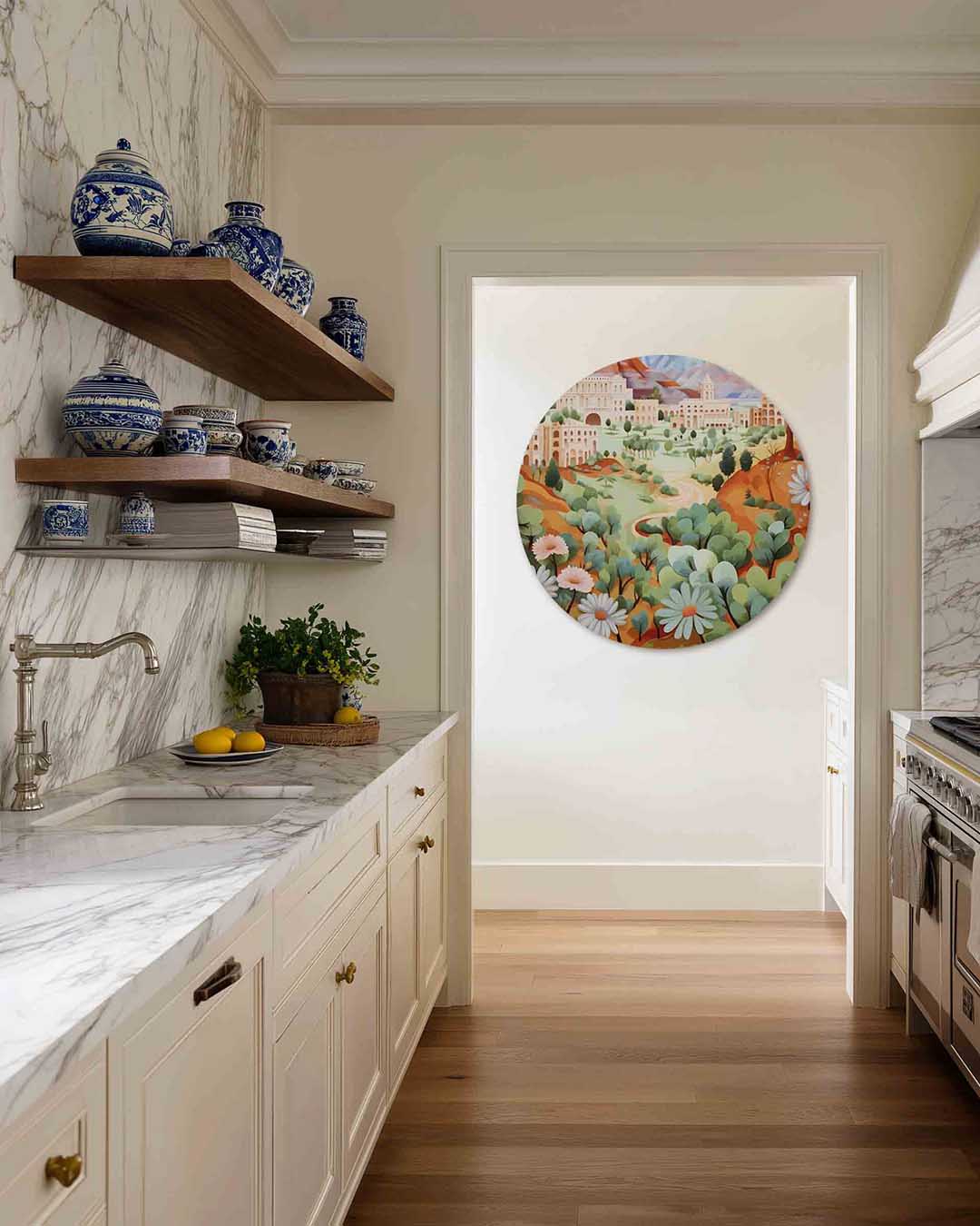 Landschap met bloemen – moderne abstracte muurcirkel voor aan de muur