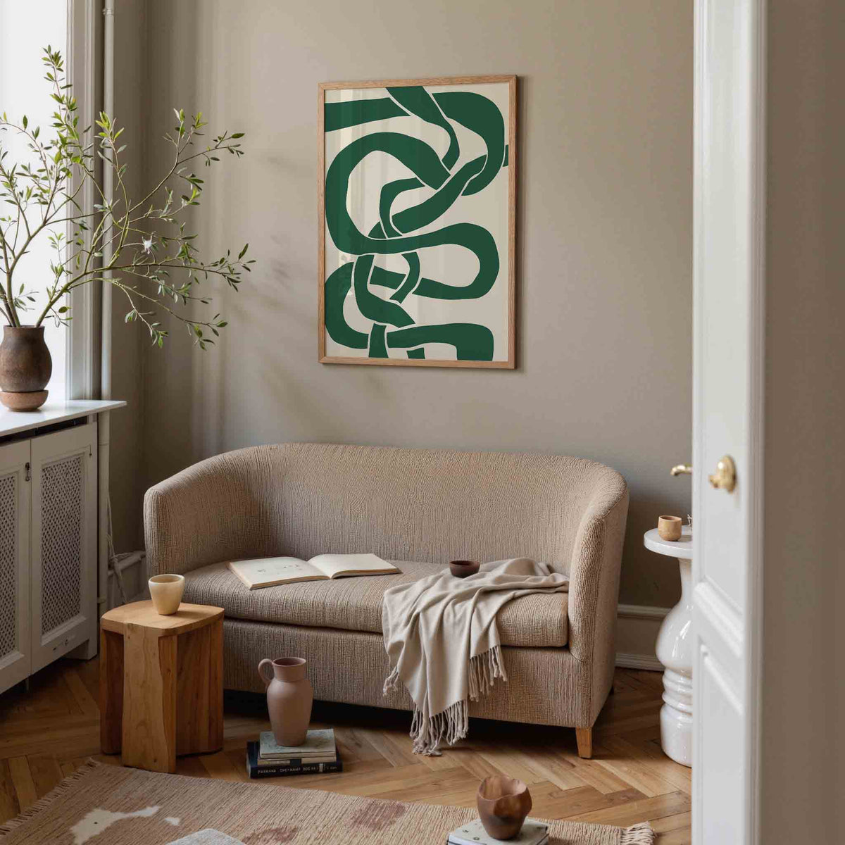 Groene kronkelende vormen – botanische poster in staand formaat