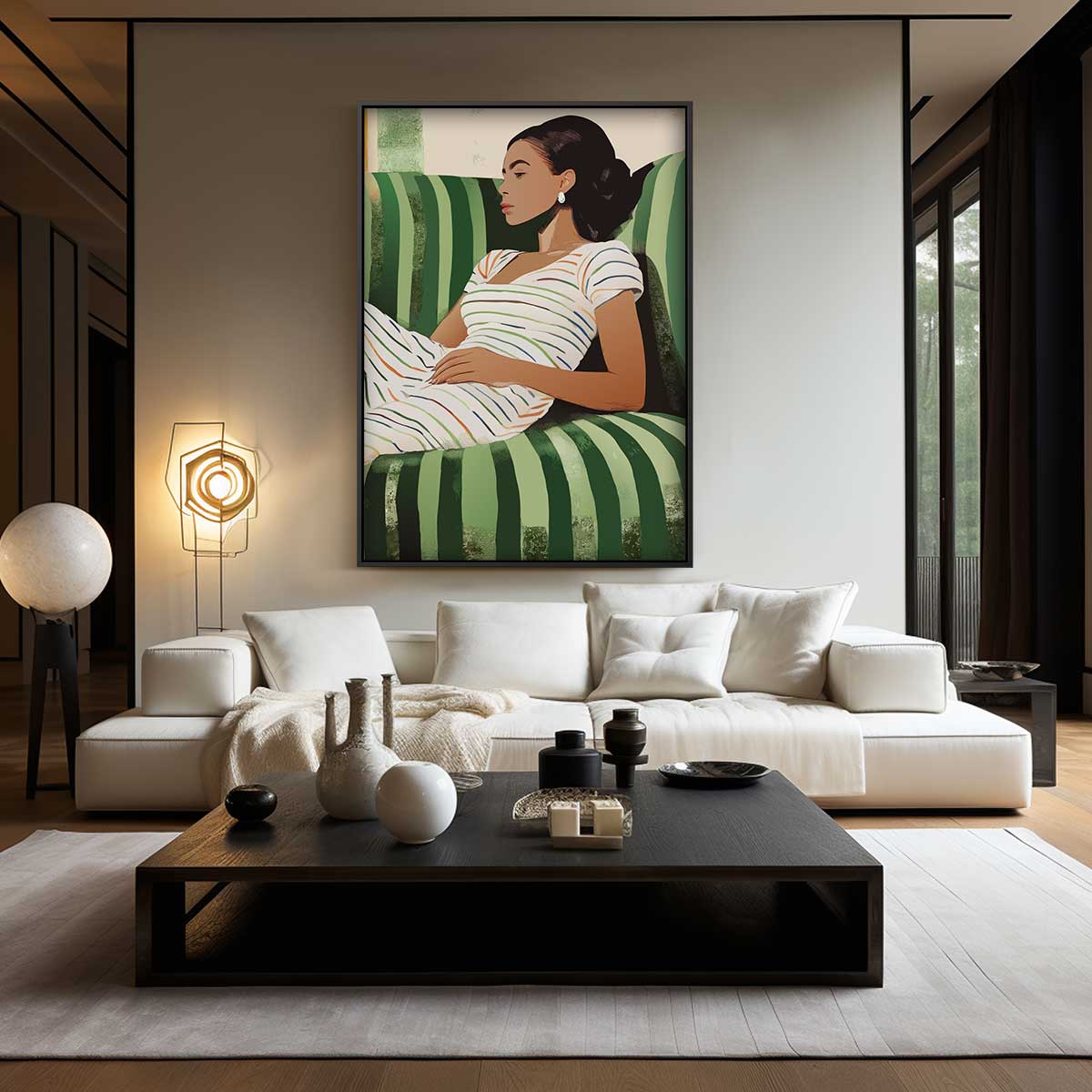 Relax op Groene Strepen – modern portret kunstwerk van WallArtistic