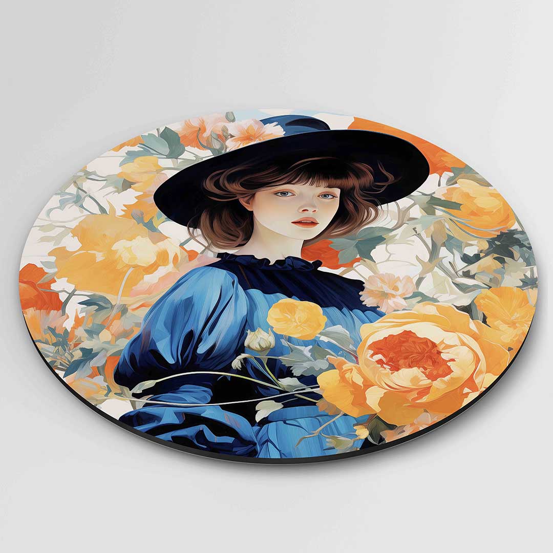 Vrouw met bloemen – ronde textuur wanddecoratie van WallArtistic
