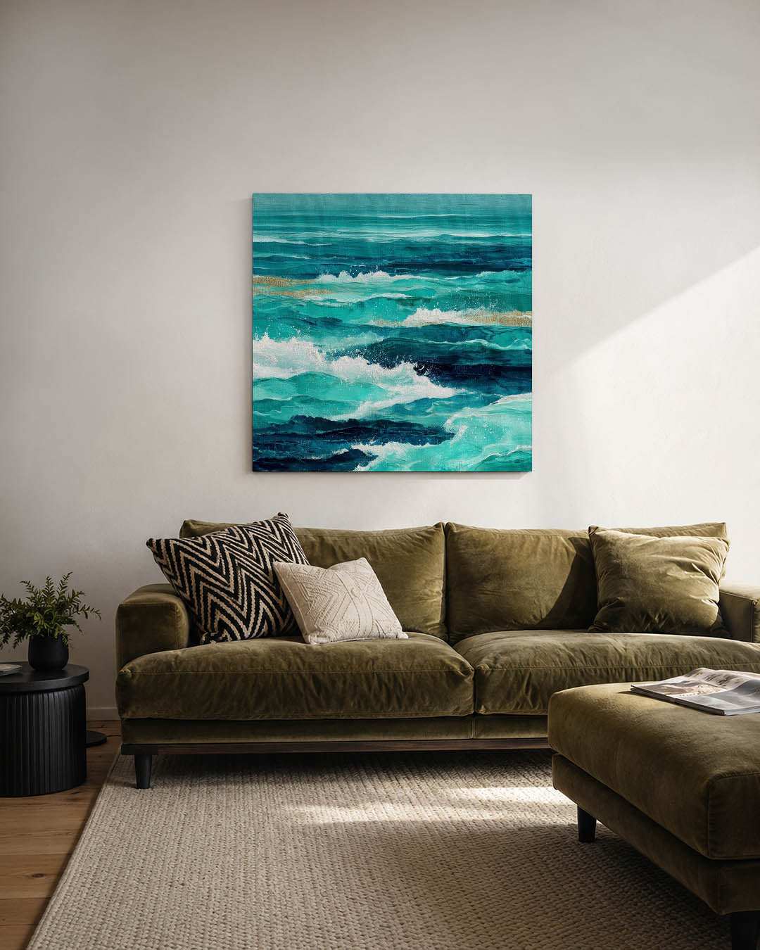 Dynamische zee kunstwerk – derde productweergave – dit werk toont een levendige zee met golven in verschillende tinten blauw