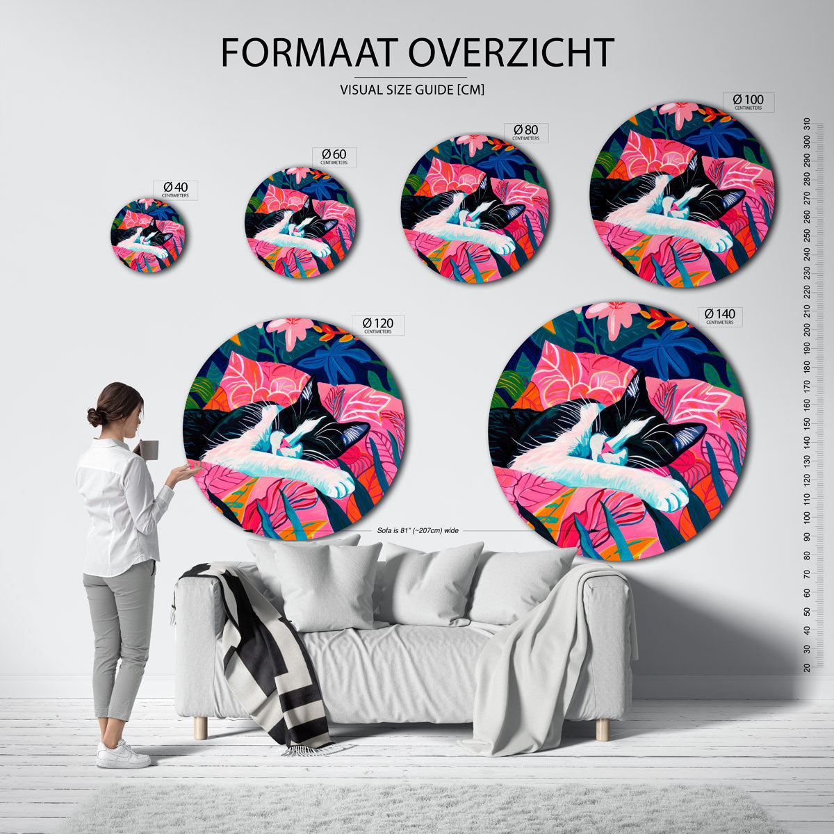Slapende kat en bladeren – abstracte wandkunst met textuur als muurcirkel