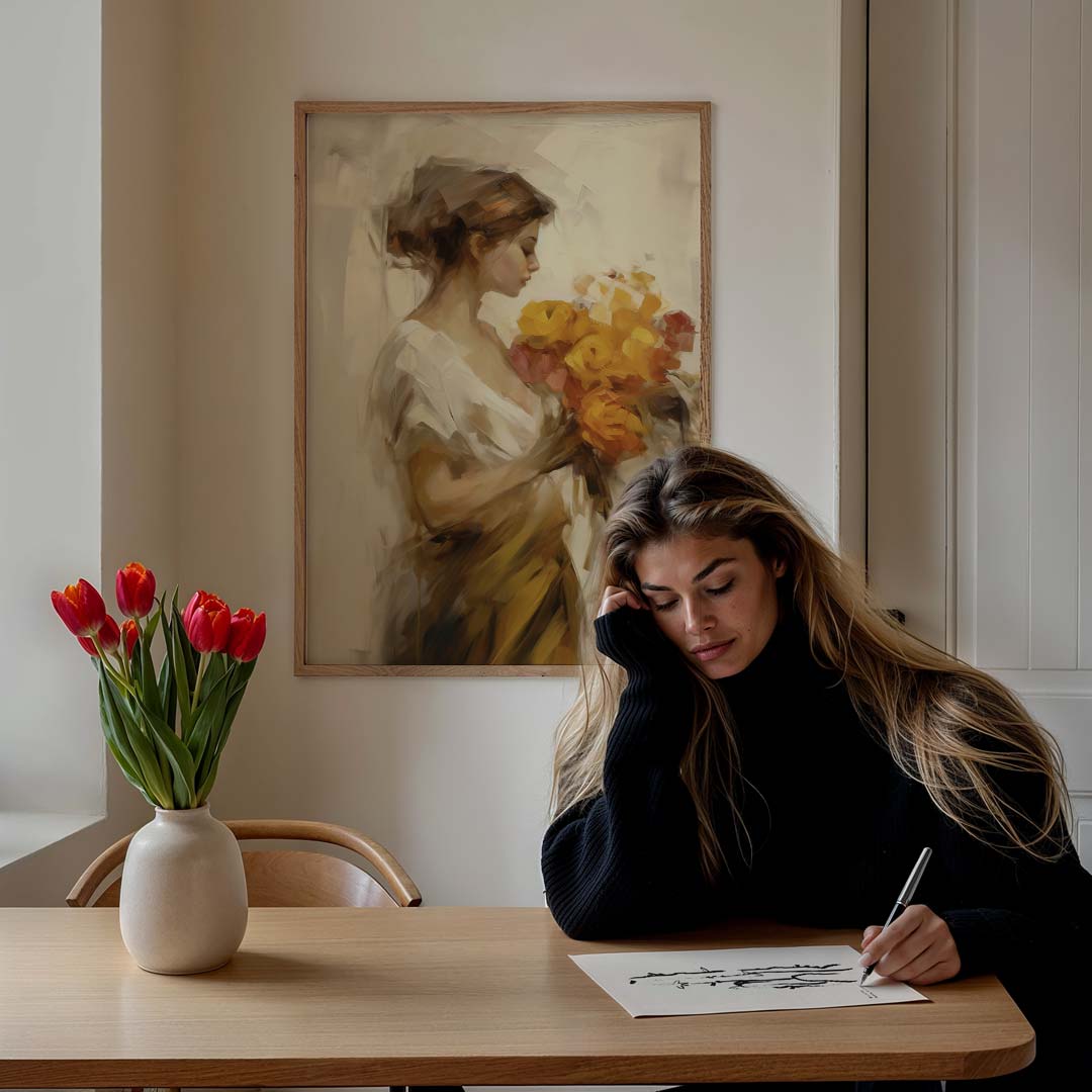 Zachte Dromer met Bloemen – staande vrouwelijke wanddecoratie van WallArtistic