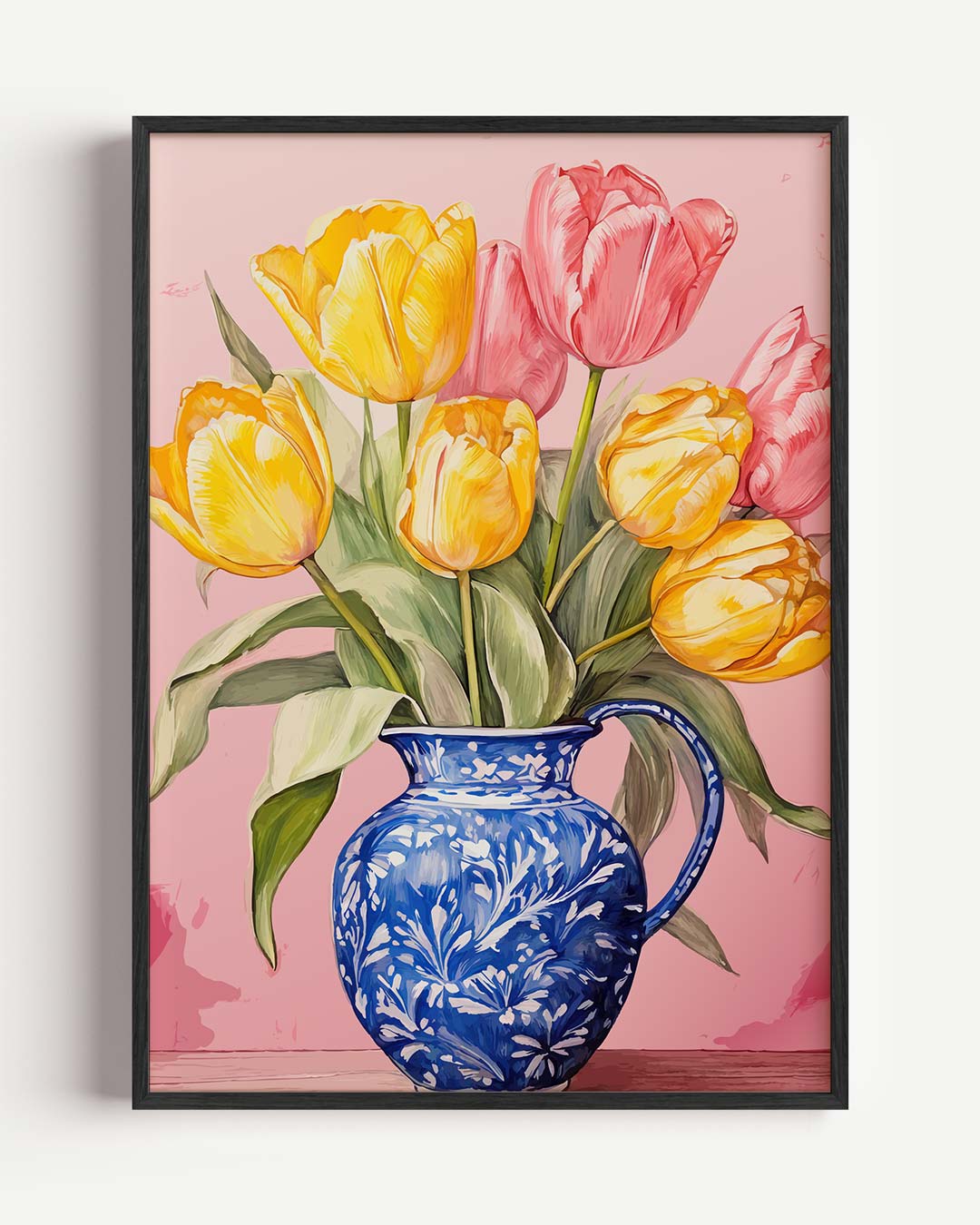 Vrolijke Tulpen in Blauwe Vaas – bloemen portret poster als wanddecoratie