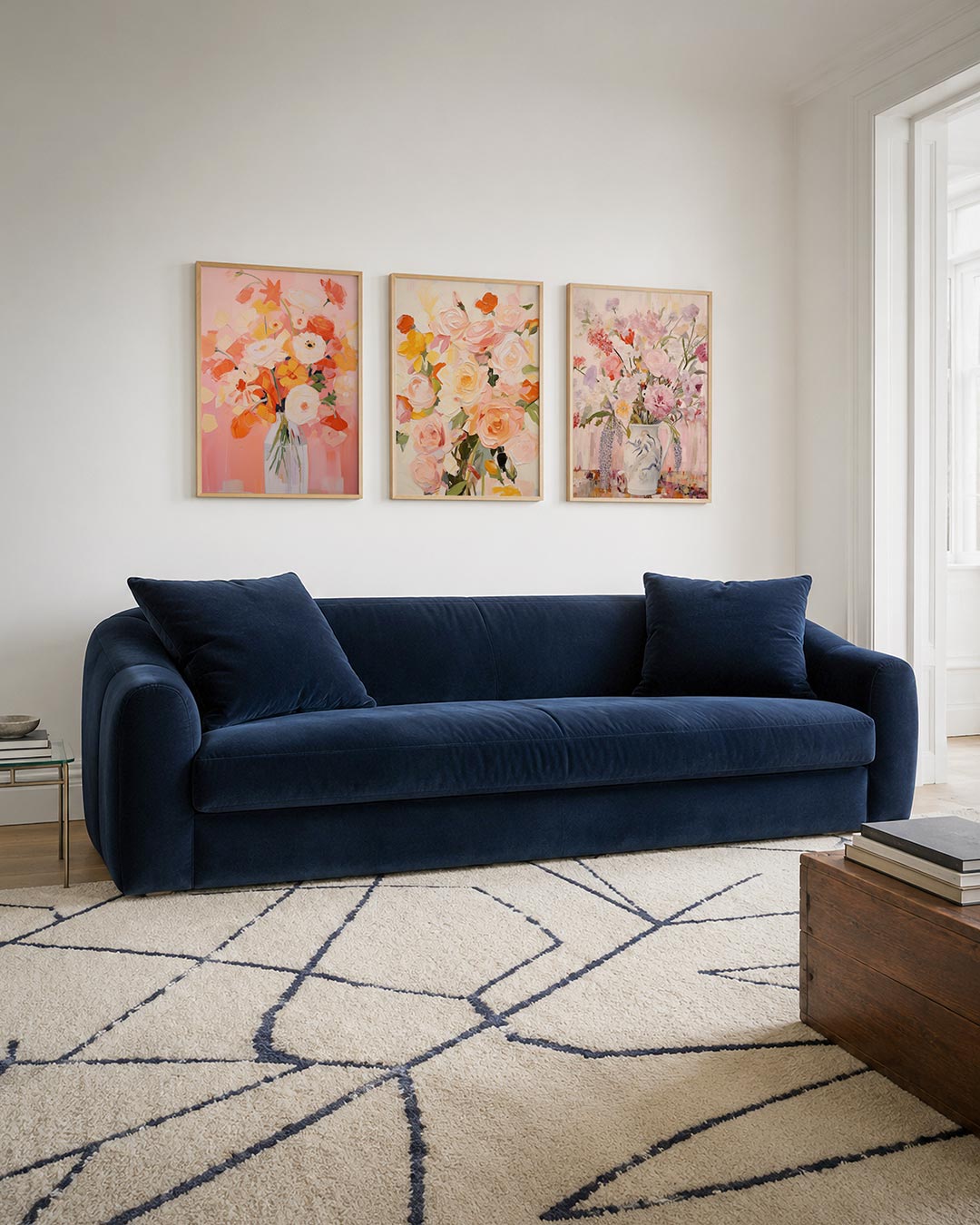 Bloemrijke kleurvlakken driedelige posterset – deze kleurrijke compositie toont een vaas met bloemen in