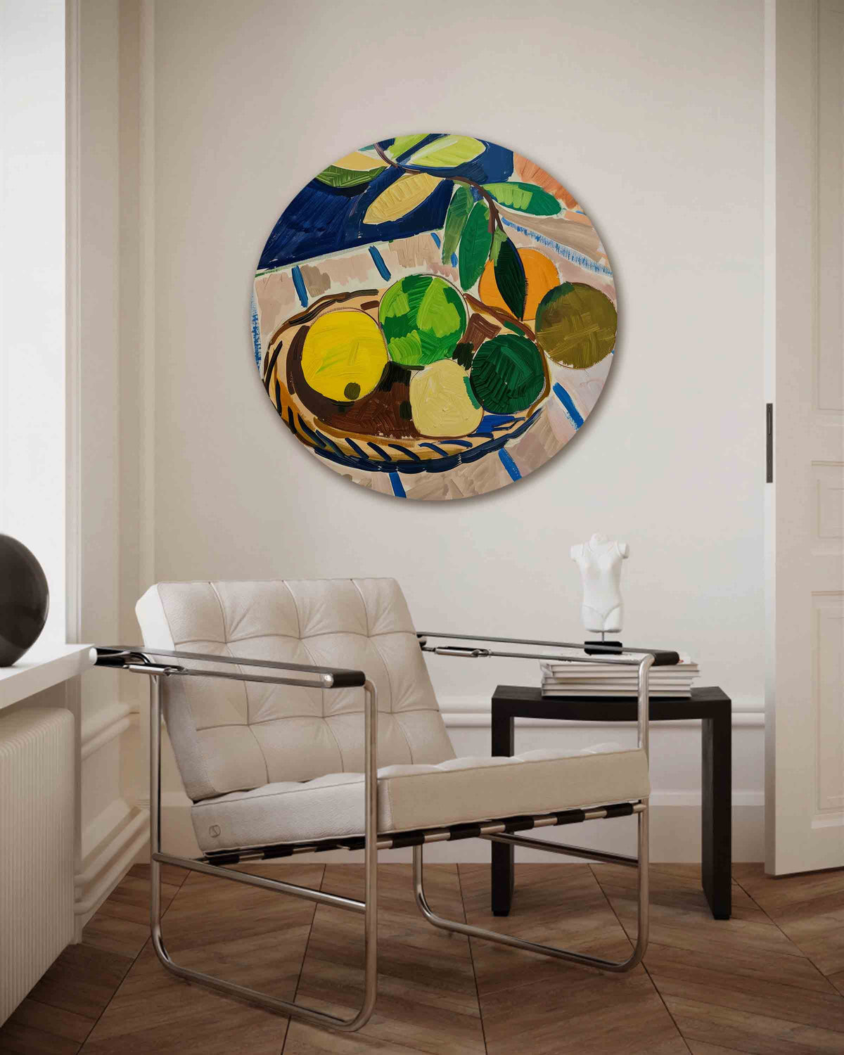 Fruit en bladeren – kleurrijke muurcirkel als ronde wanddecoratie