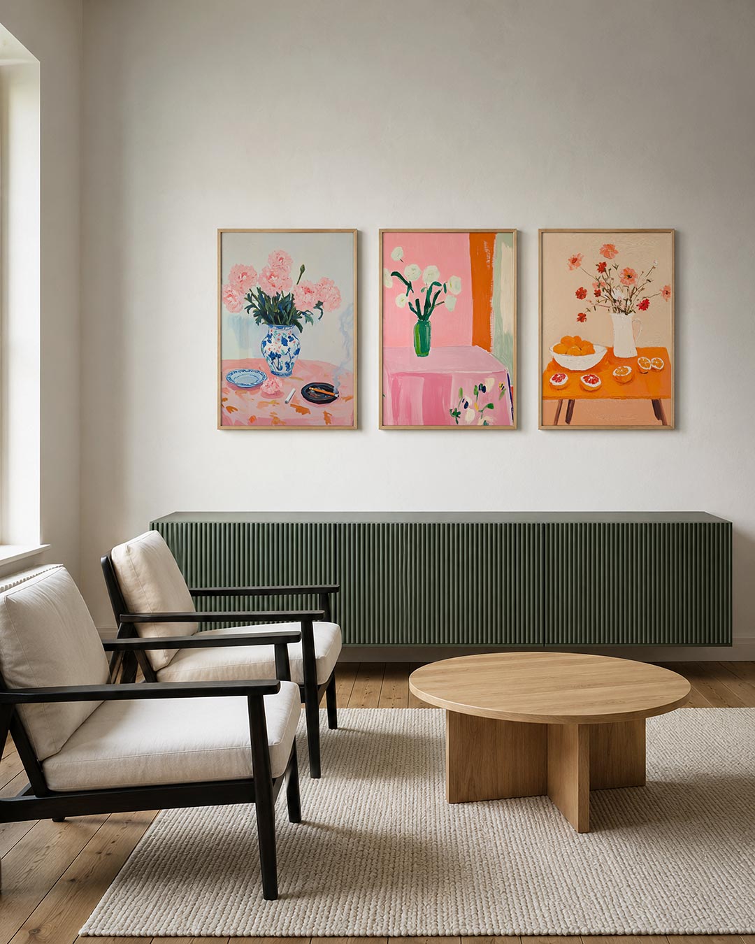 Bloemen en rook posterset – tweede productweergave – een vaas met roze bloemen op een tafel met een roze kleed