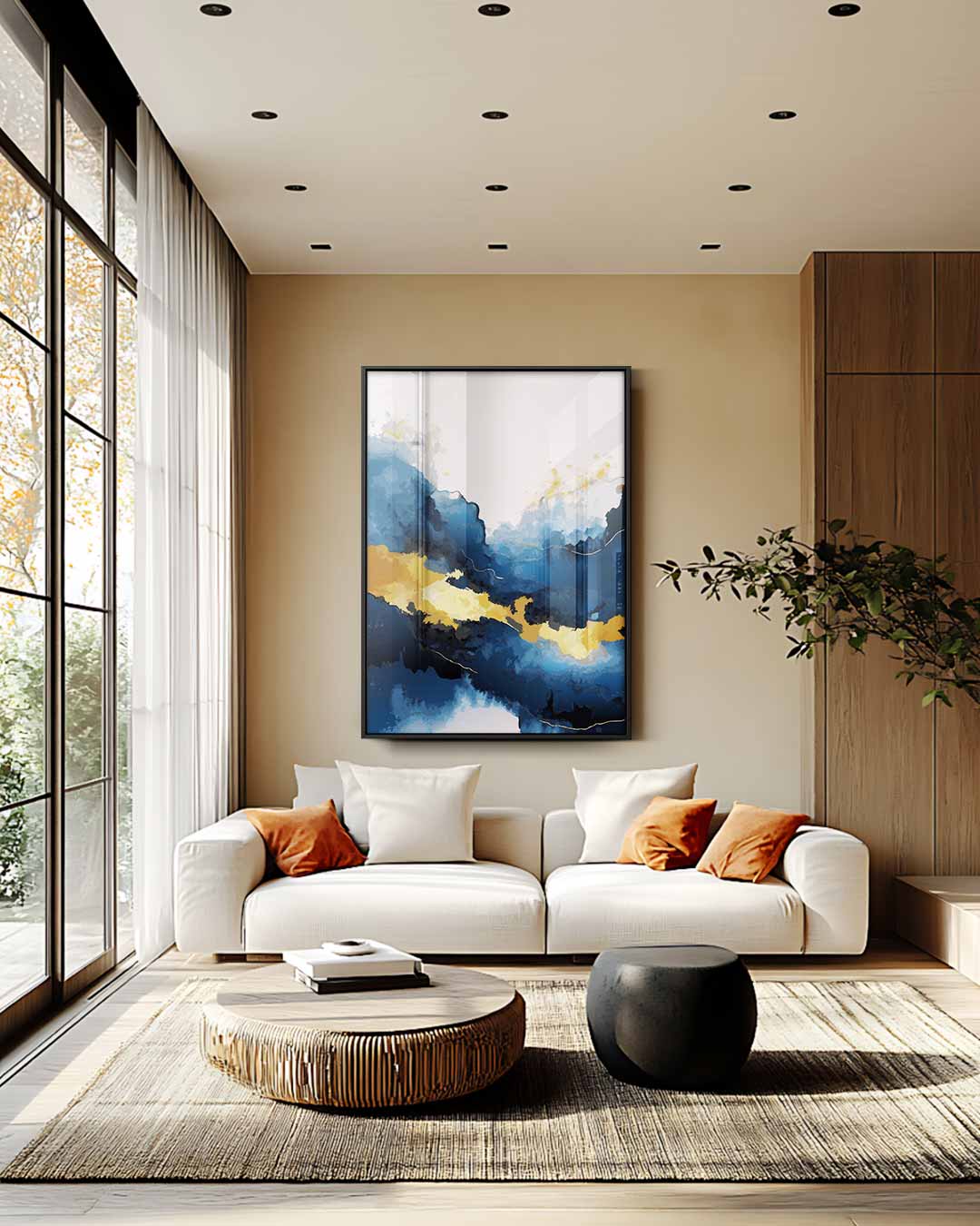 Blauw en Gouden Droomlandschap – staande wandkunst voor woonkamer of interieur