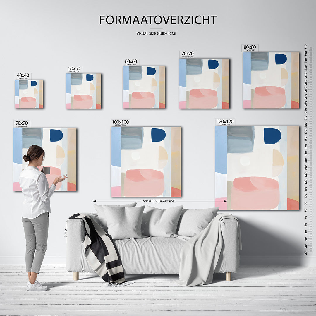 Vormenspel in kleur kunstwerk – materiaalweergave – dit werk toont een harmonie van zachte vormen en kleuren. Blauwe en roze