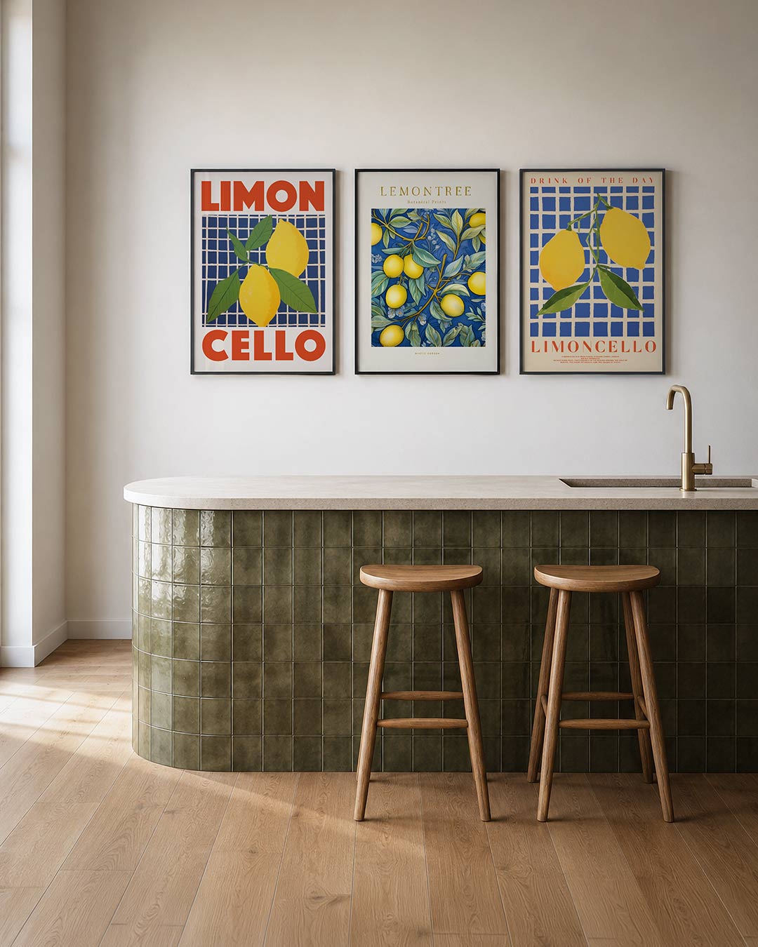 Citrus en ruiten – heldere citroenen op een blauw-wit geruit patroon, omlijst door grote rode – weergave 2