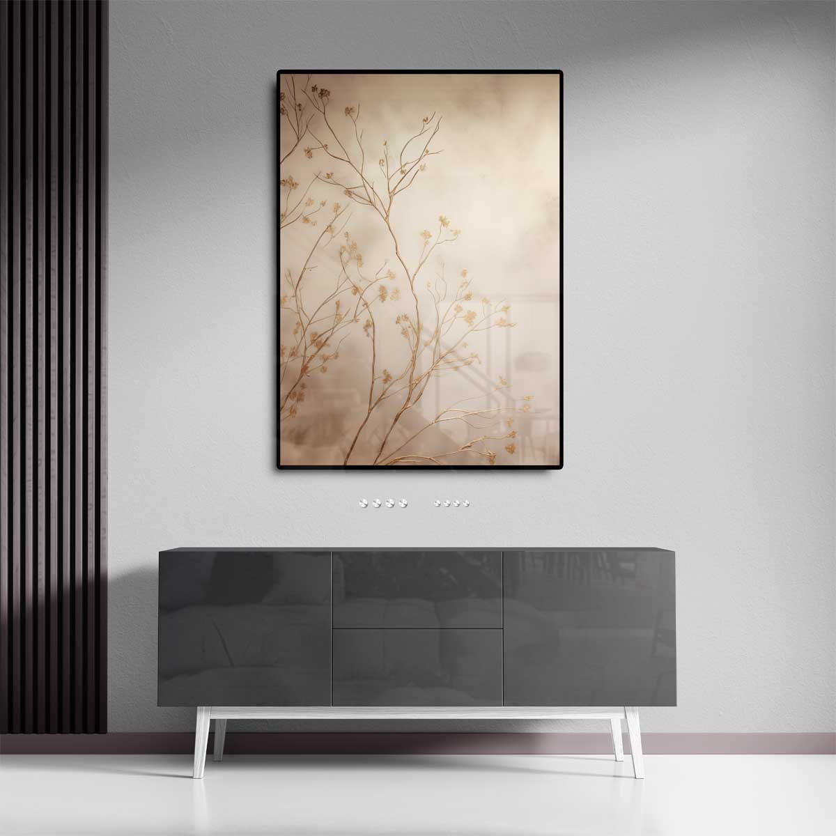 Gouden Takken in Mist – staande wandkunst voor woonkamer of interieur