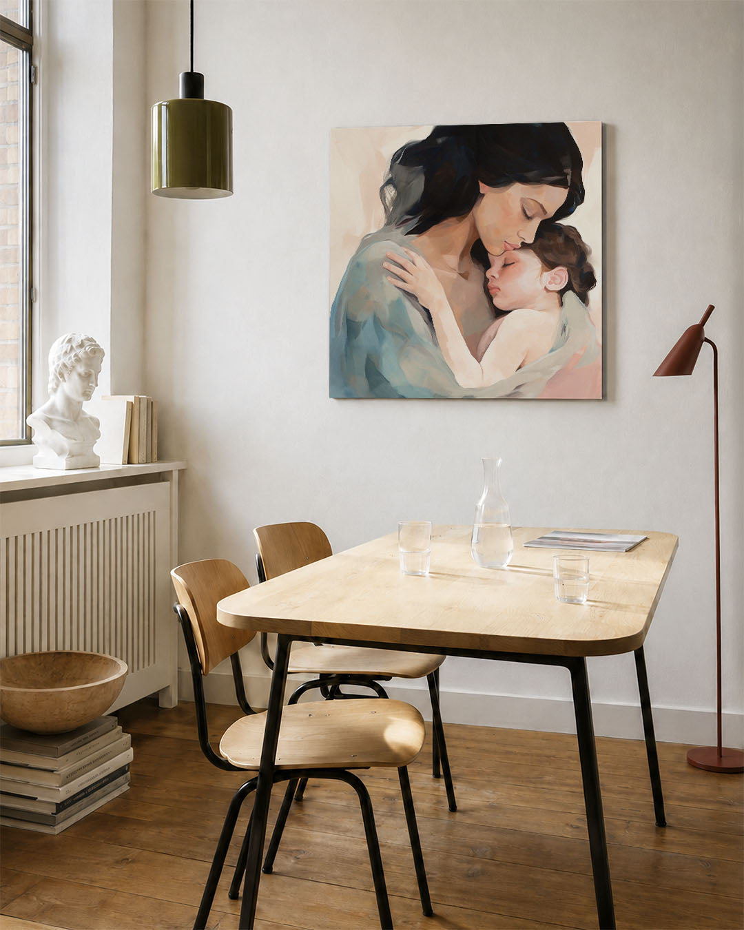 Intieme omhelzing kunstwerk – vierkante wanddecoratie – dit kunstwerk toont een serene moeder-kind omhelzing. Zachte kleuren