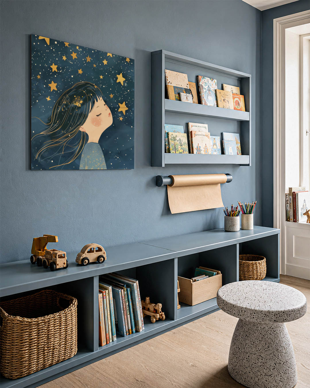 Dromerig sterrenkind kunstwerk – detailweergave – dit kunstwerk toont een kind met gesloten ogen, omringd door gouden sterren